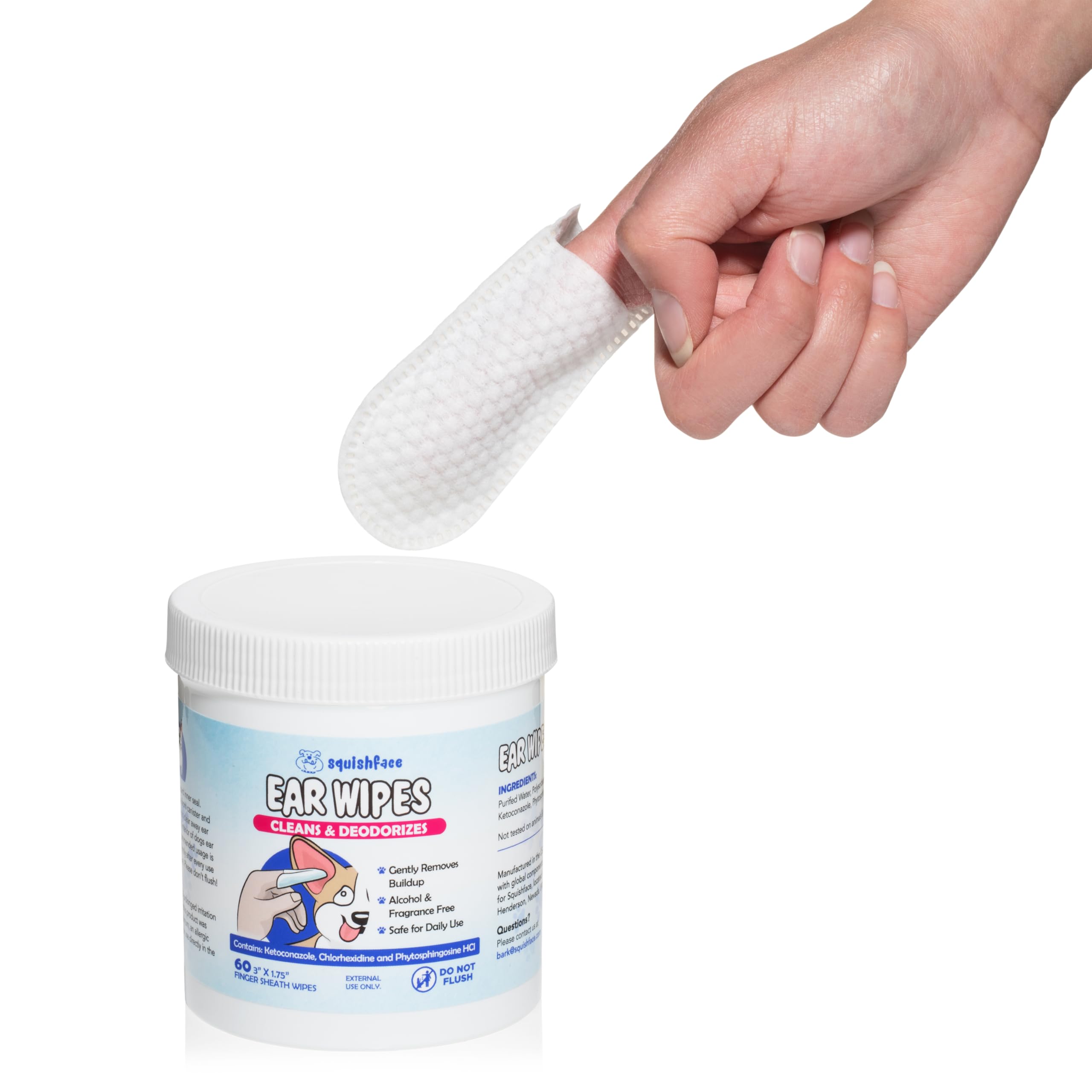 Squishface ear wipe close-up showing a soft texture safe for sensitive ears.