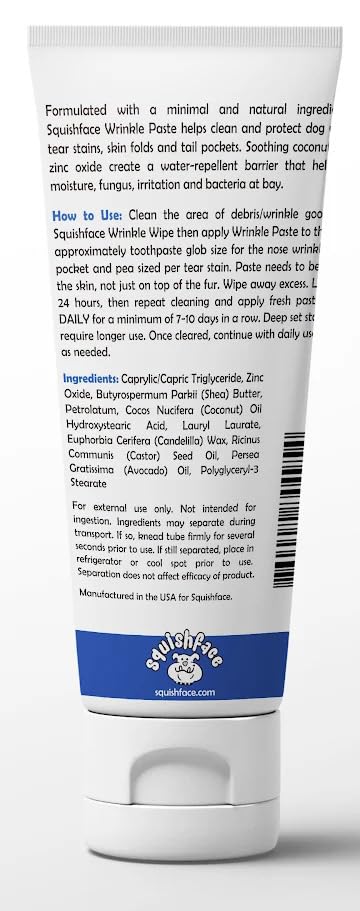 Squishface Wrinkle Paste removes tear stains around the eyes for a cleaner look.