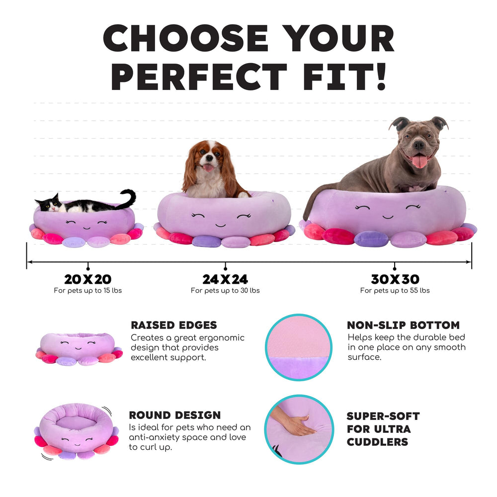 Squishmallows Tatiana Dragon pet bed side view with cushioned bolster for relaxed lounging