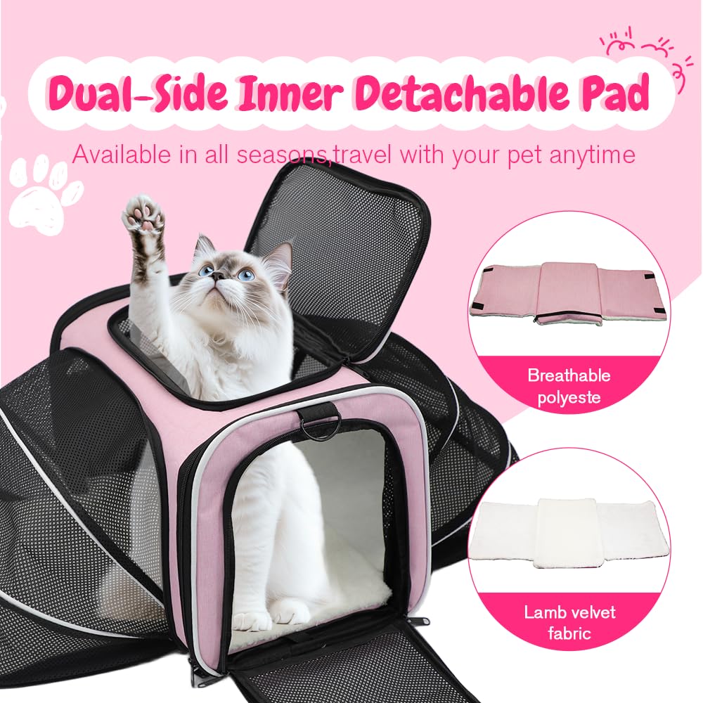 Srinlon Double Expandable Cat Carrier pink waterproof 600D Oxford fabric resists spills