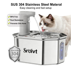 SROIVT stainless steel cat fountain surface showing dishwasher-safe design for easy cleaning.
