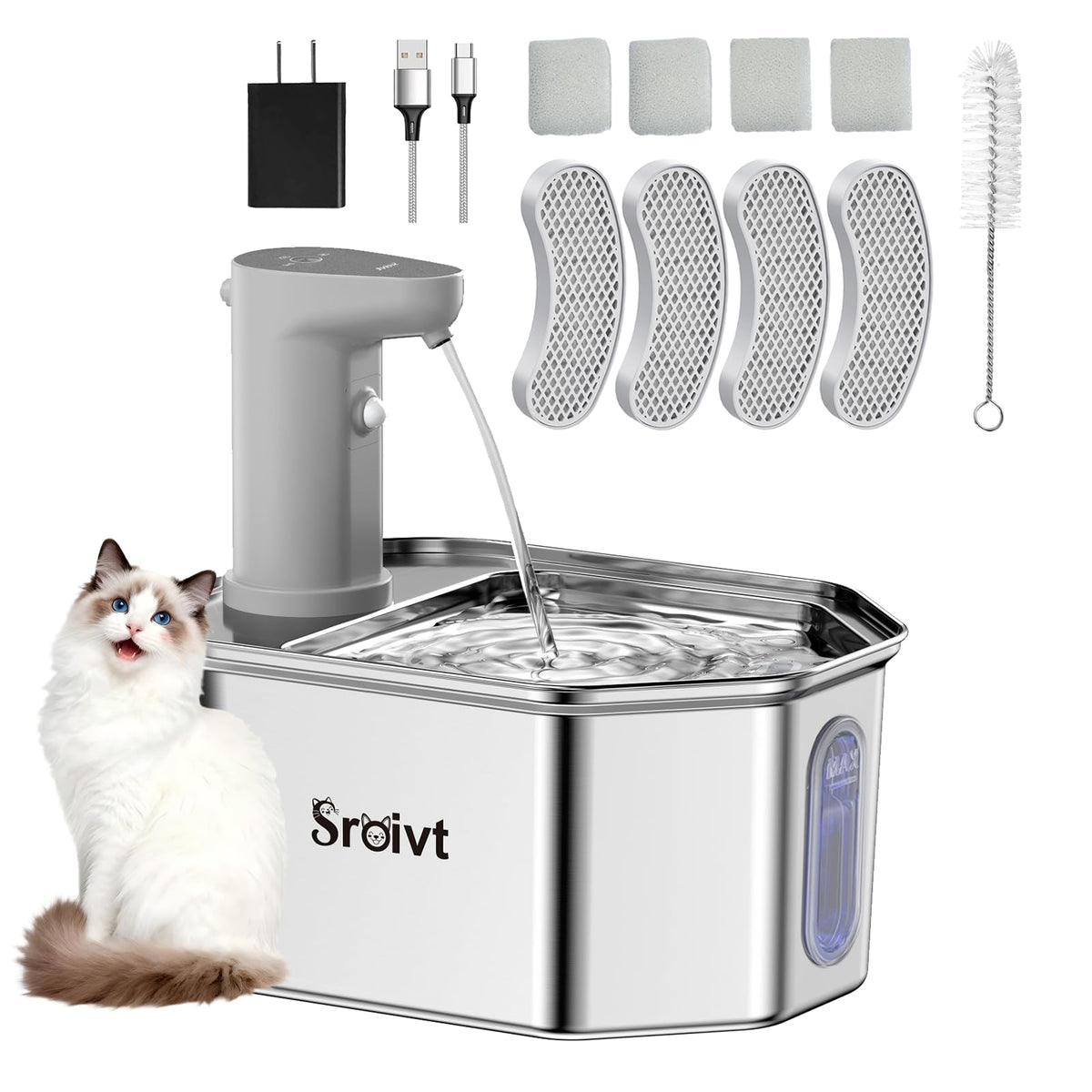 SROIVT cordless cat fountain in stainless steel, side view, compact placement for homes.