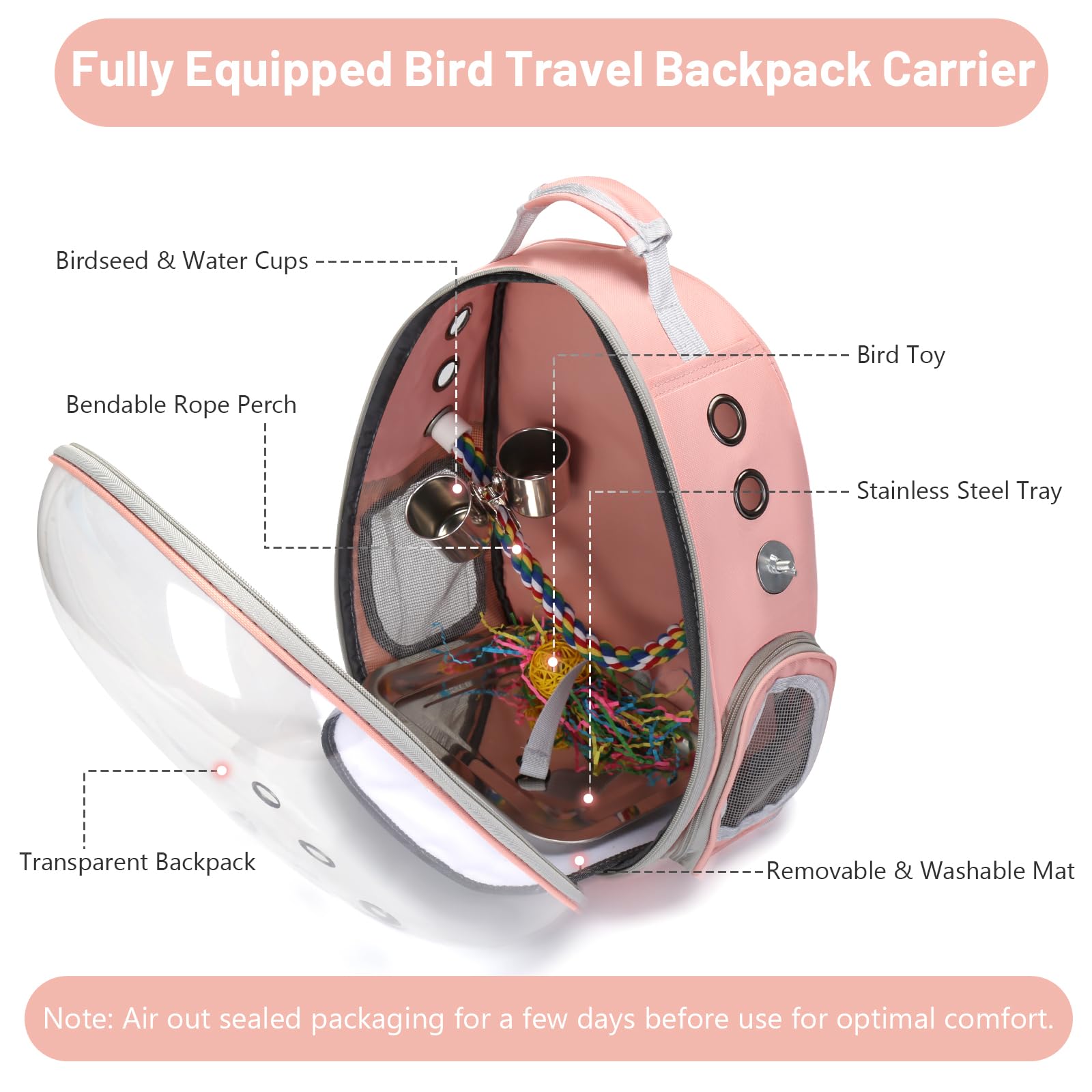 Bird toy included to keep parrots entertained during transit