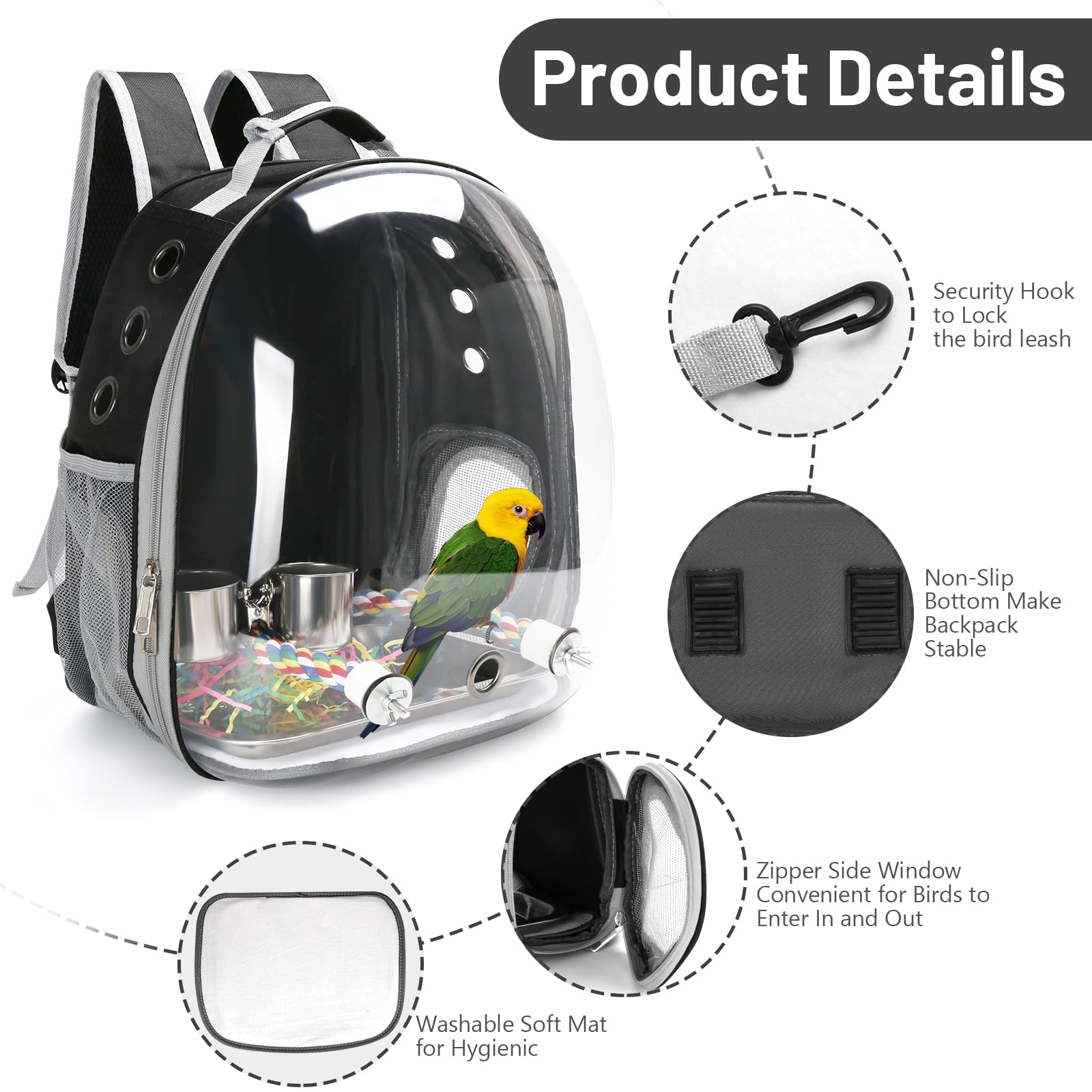 SSAWcasa bird backpack locking-hook ensures safe transport for pets
