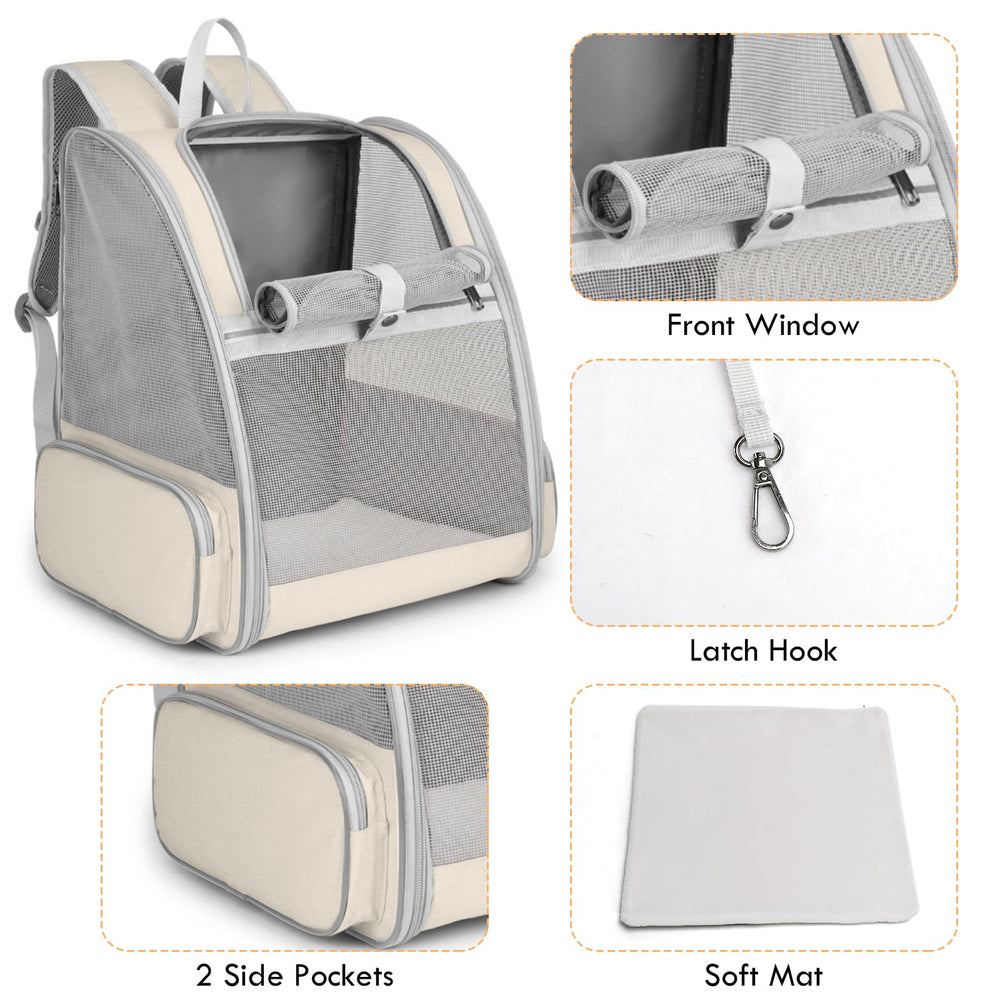 SSAWcasa cat backpack carrier beige side view with mesh ventilation and visibility