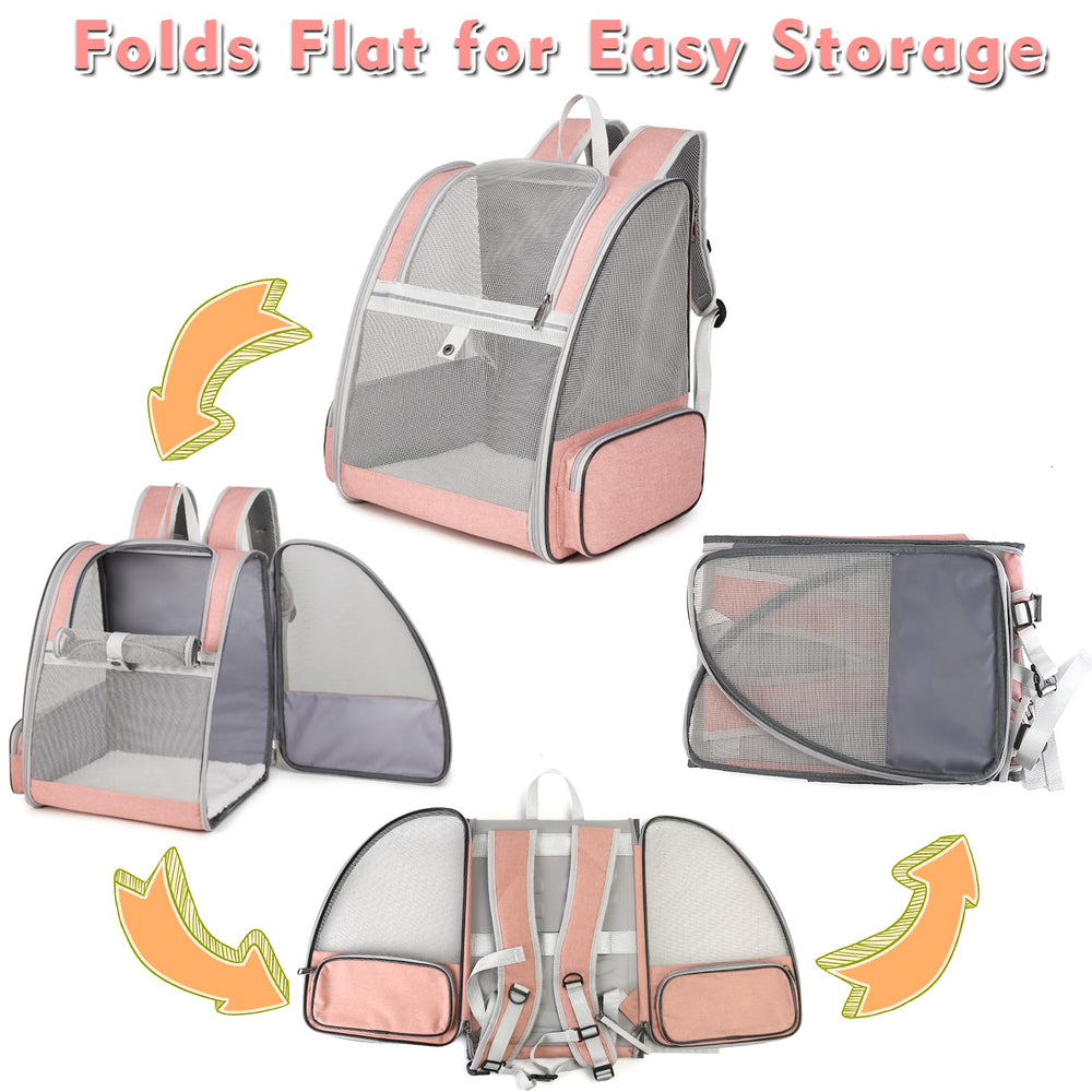 Pink SSAWcasa cat backpack with multiple entry doors for easy loading