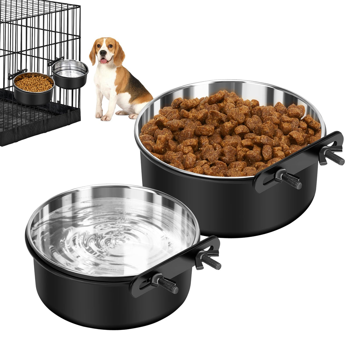 SSAWcasa no-spill dog crate bowls hanging from cage for mess-free meals