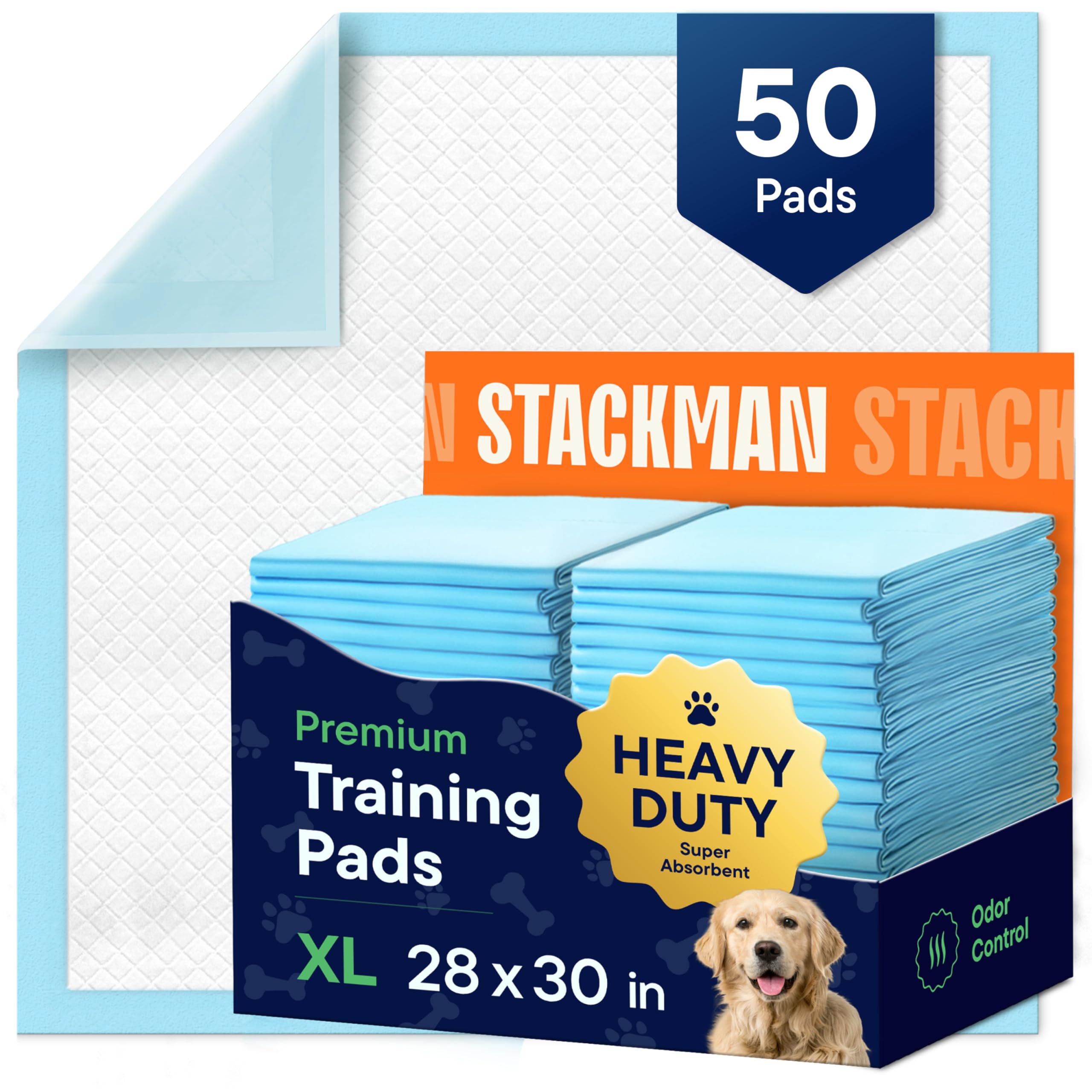 Stack Man dog pads 28x30 with absorbent core for cleaner training sessions.