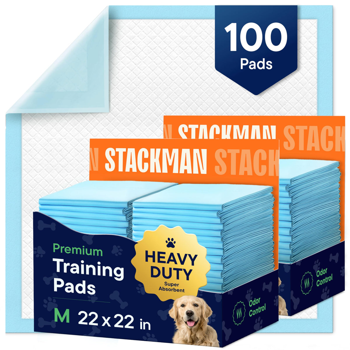 Stack Man puppy pads packaging shown in bulk pack for easy restocking
