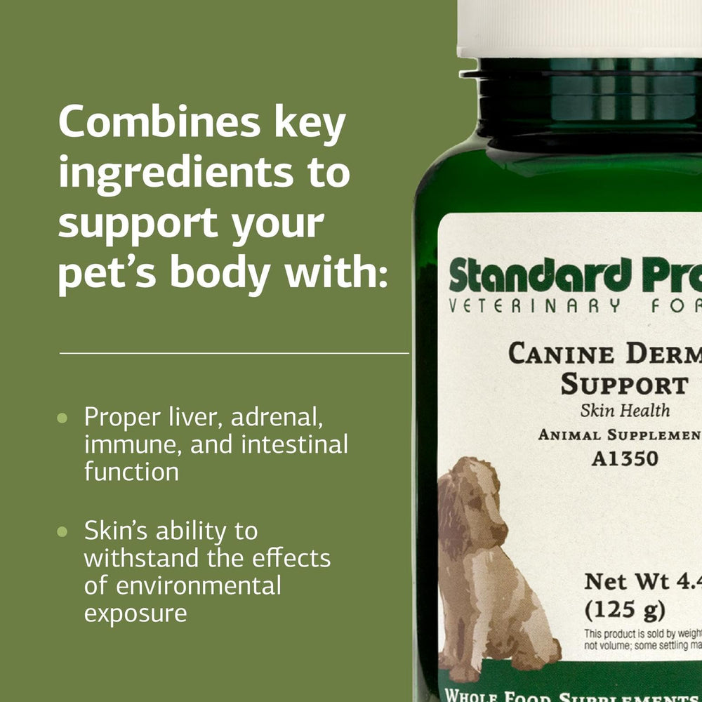 Standard Process Canine Dermal Support being poured into a dog's bowl for dosing.