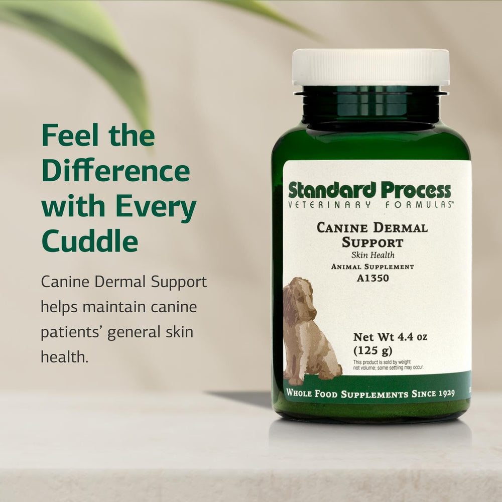 Standard Process Canine Dermal Support packaging highlights whole-food ingredients for liver support.