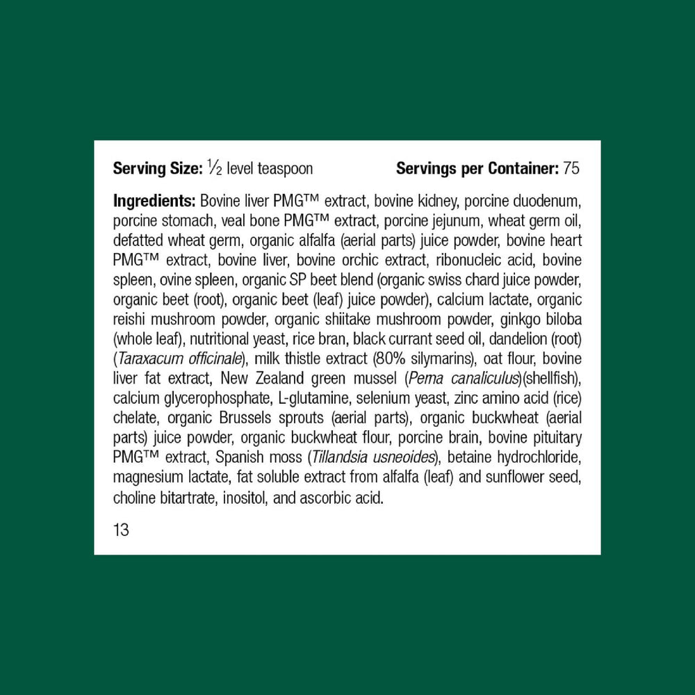 Standard Process Canine Hepatic Support powder poured into meals for daily liver support