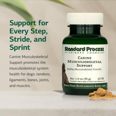 Standard Process Canine Musculoskeletal Support measuring scoop highlights weight-based dosing