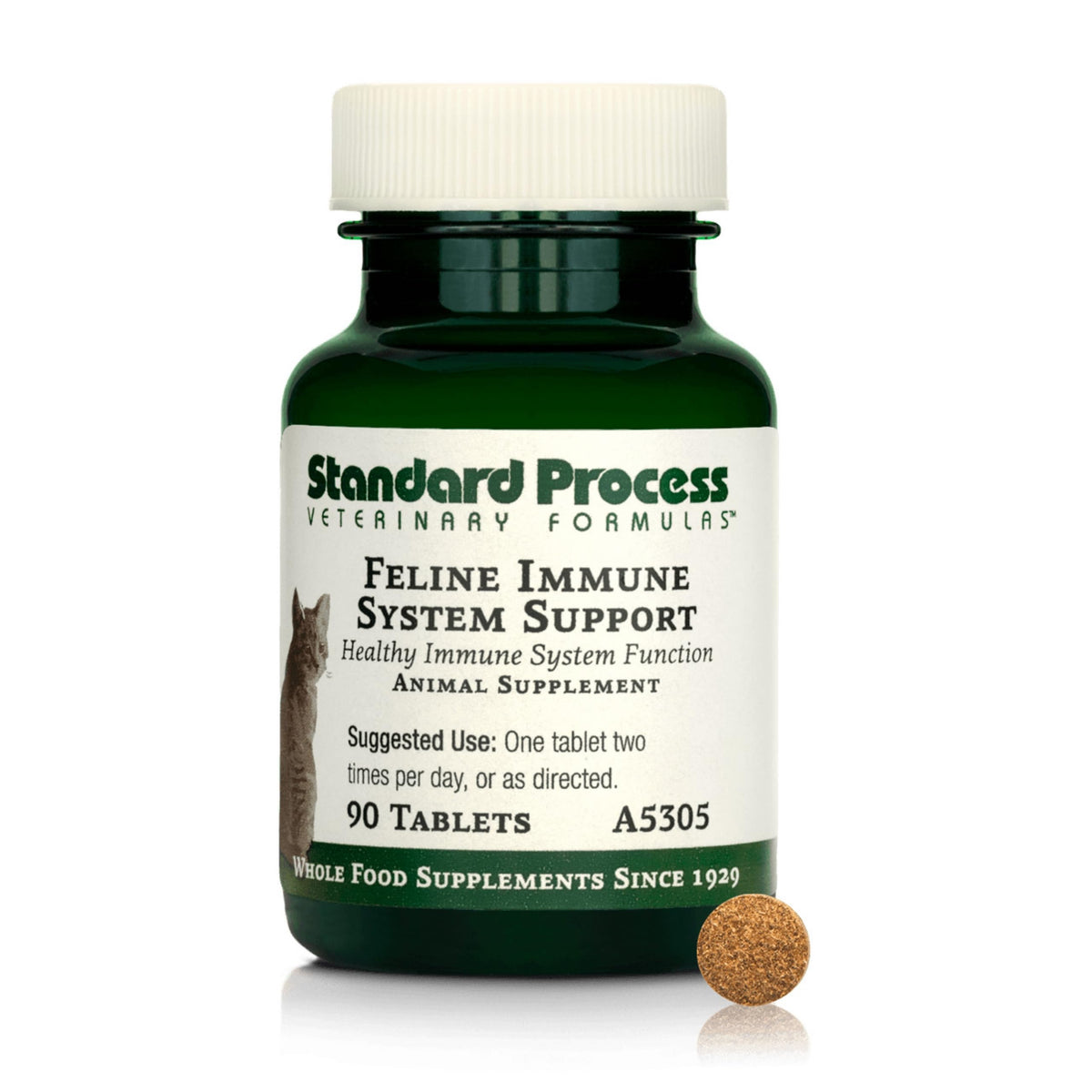 Standard Process Feline Immune System Support bottle shown for convenient immune health supplementation.