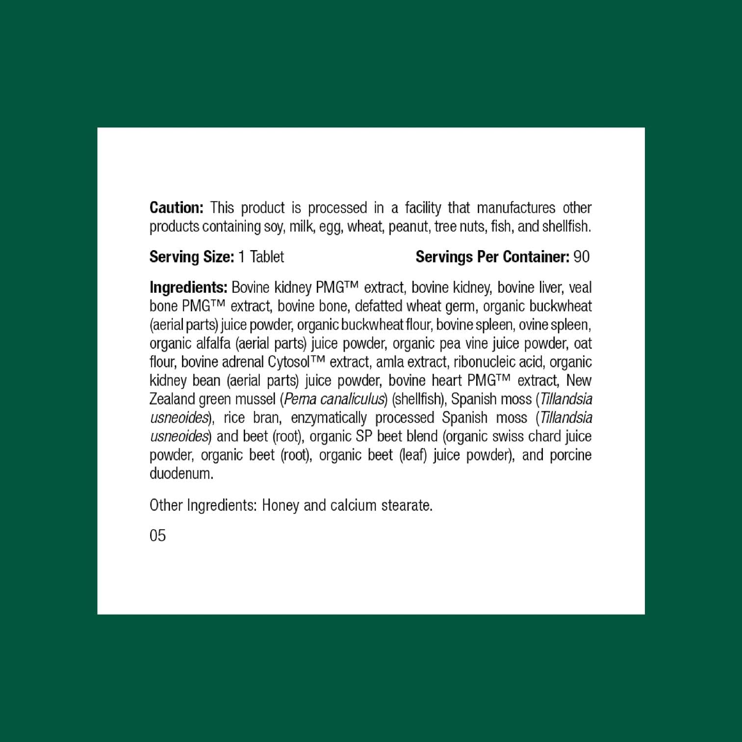 Standard Process label closeup highlighting natural ingredients for kidney support.