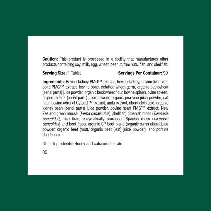 Standard Process label closeup highlighting natural ingredients for kidney support.