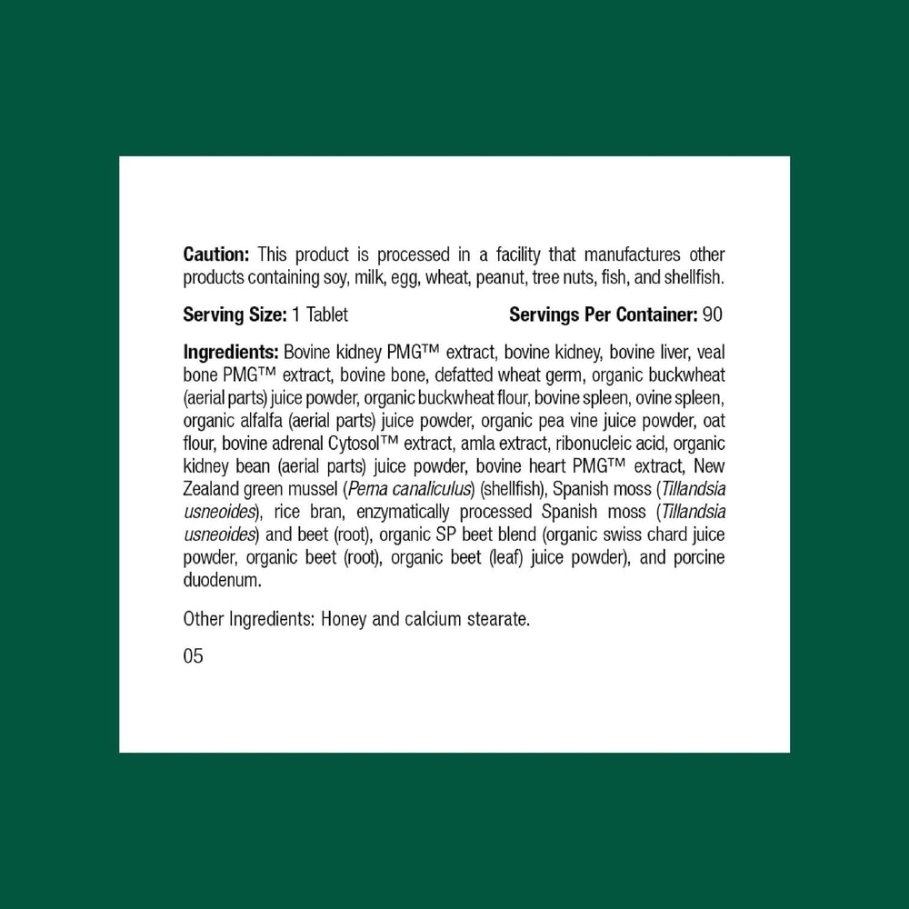 Standard Process label closeup highlighting natural ingredients for kidney support.