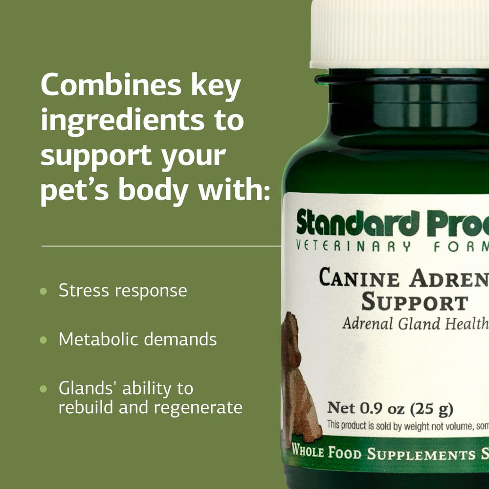 Standard Process Canine Adrenal Support label closeup reveals product details and quality standards.