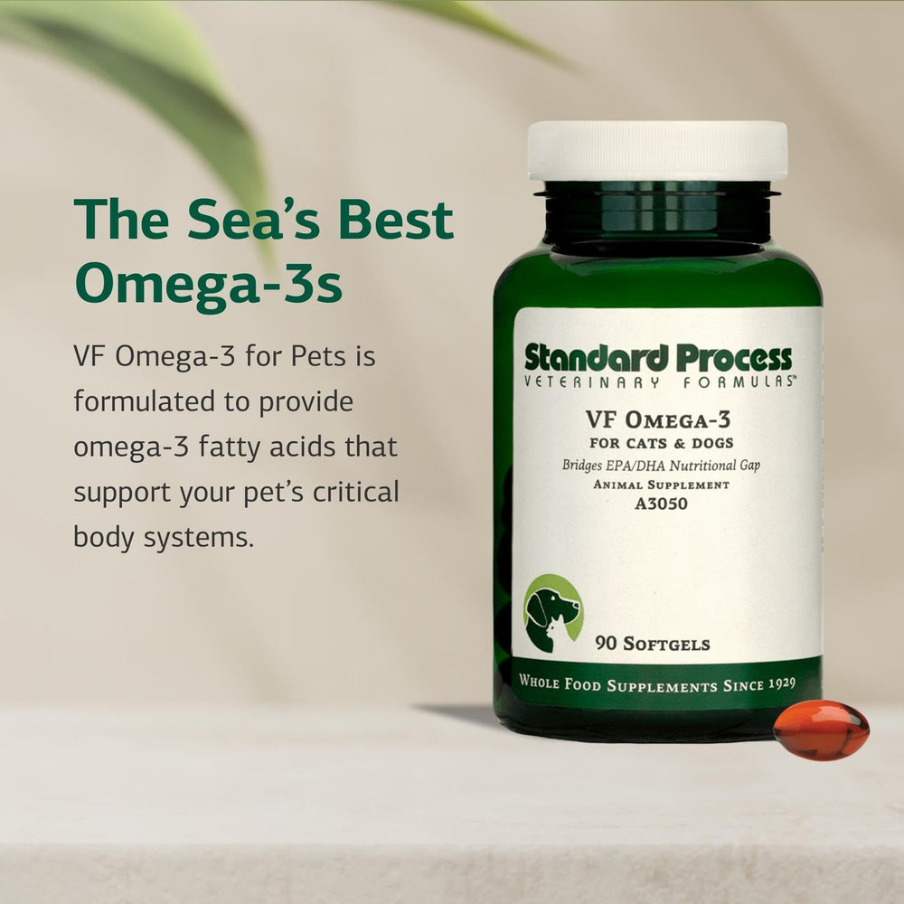 Label detail on VF Omega-3 for Pets showing anchovy and sardine oil sources
