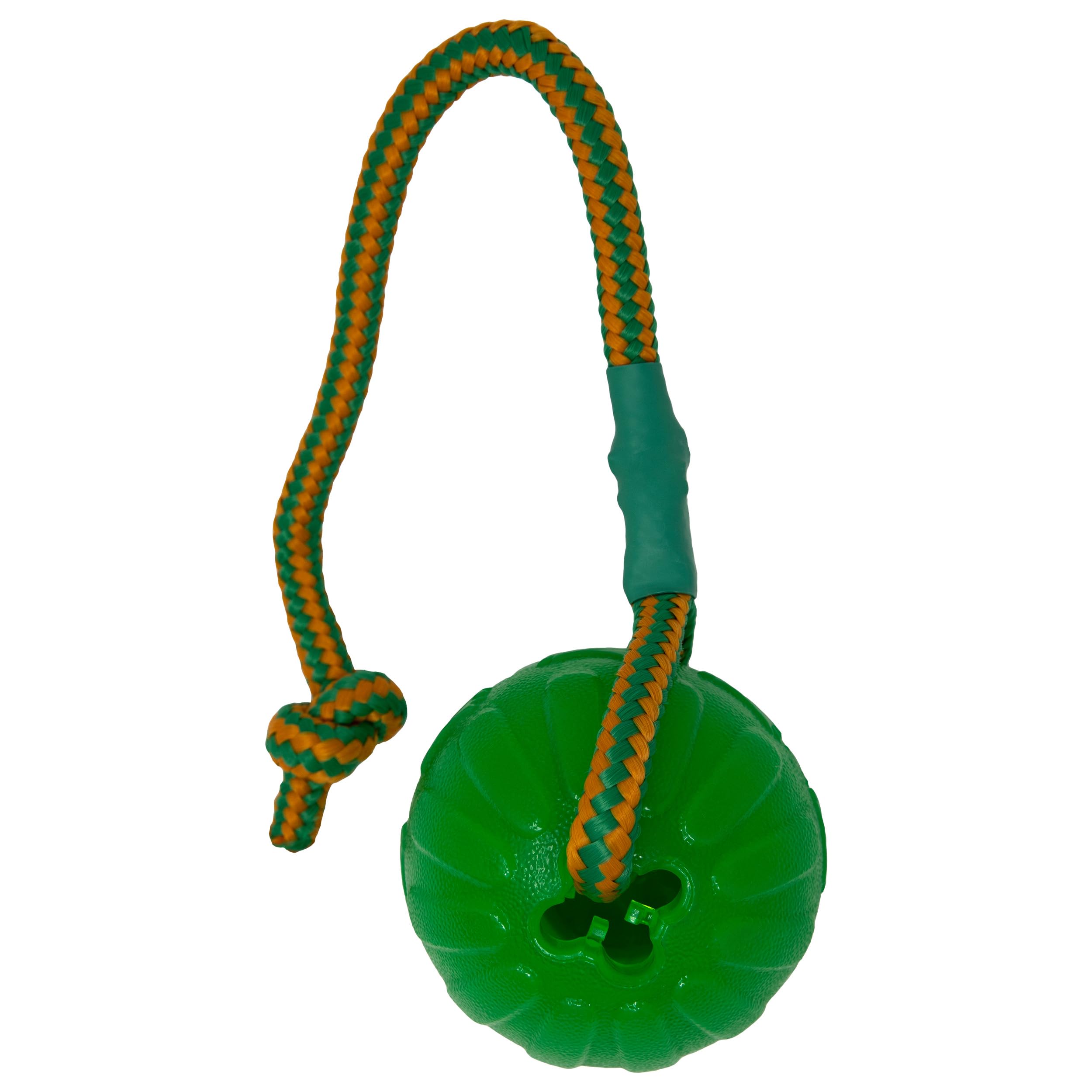 Starmark Everlasting Fun Ball rope knot close-up in green, durable knotted nylon construction.