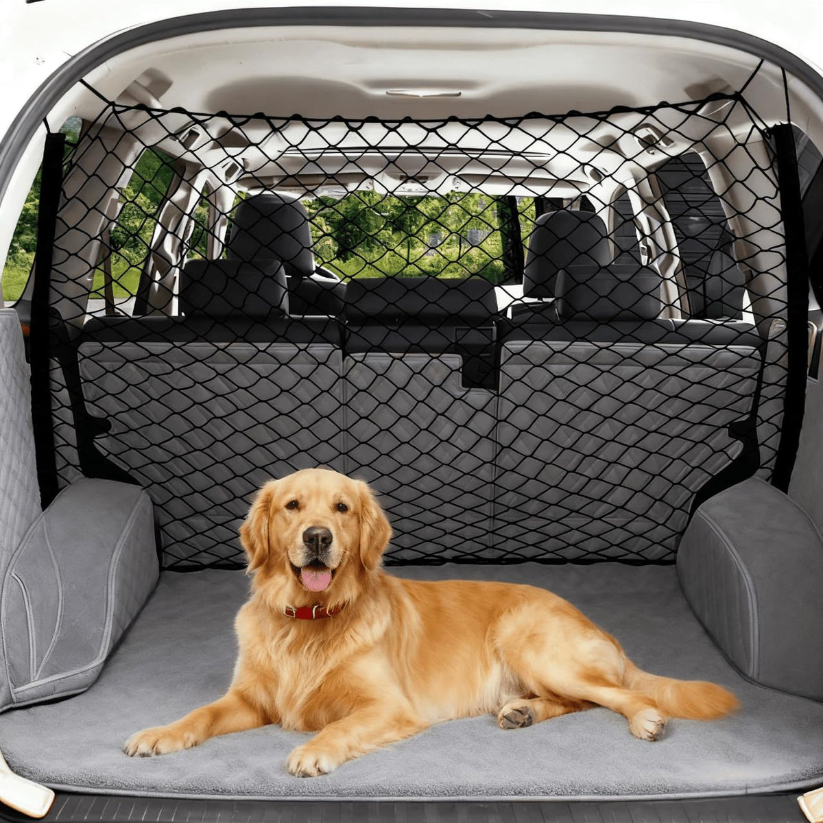STARROAD-TIM dog car barrier 47in x 27in blocks front-seat access and keeps dogs secure in the back.