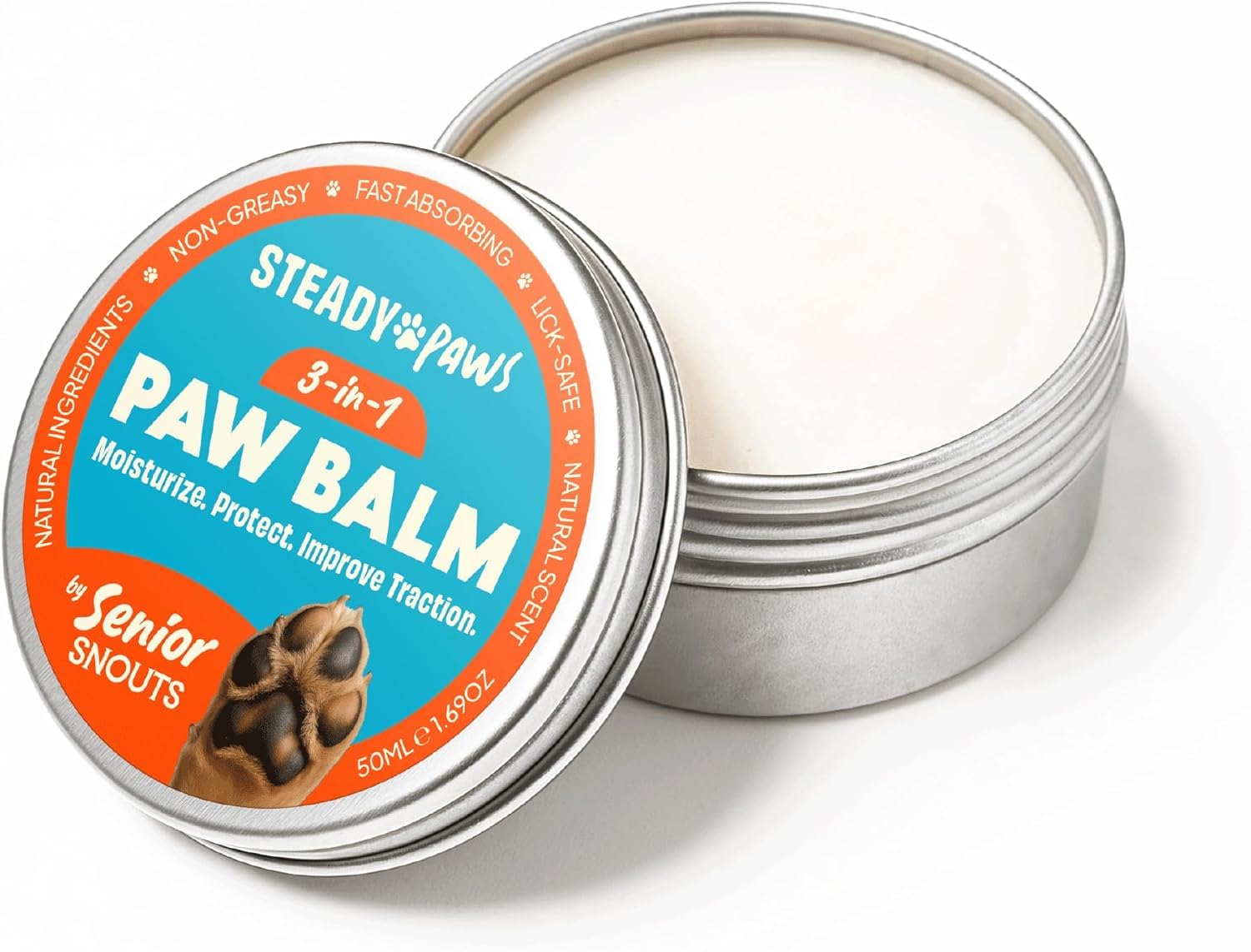 Steady Paws 3-in-1 paw balm tube close-up showing non-greasy formula for daily use