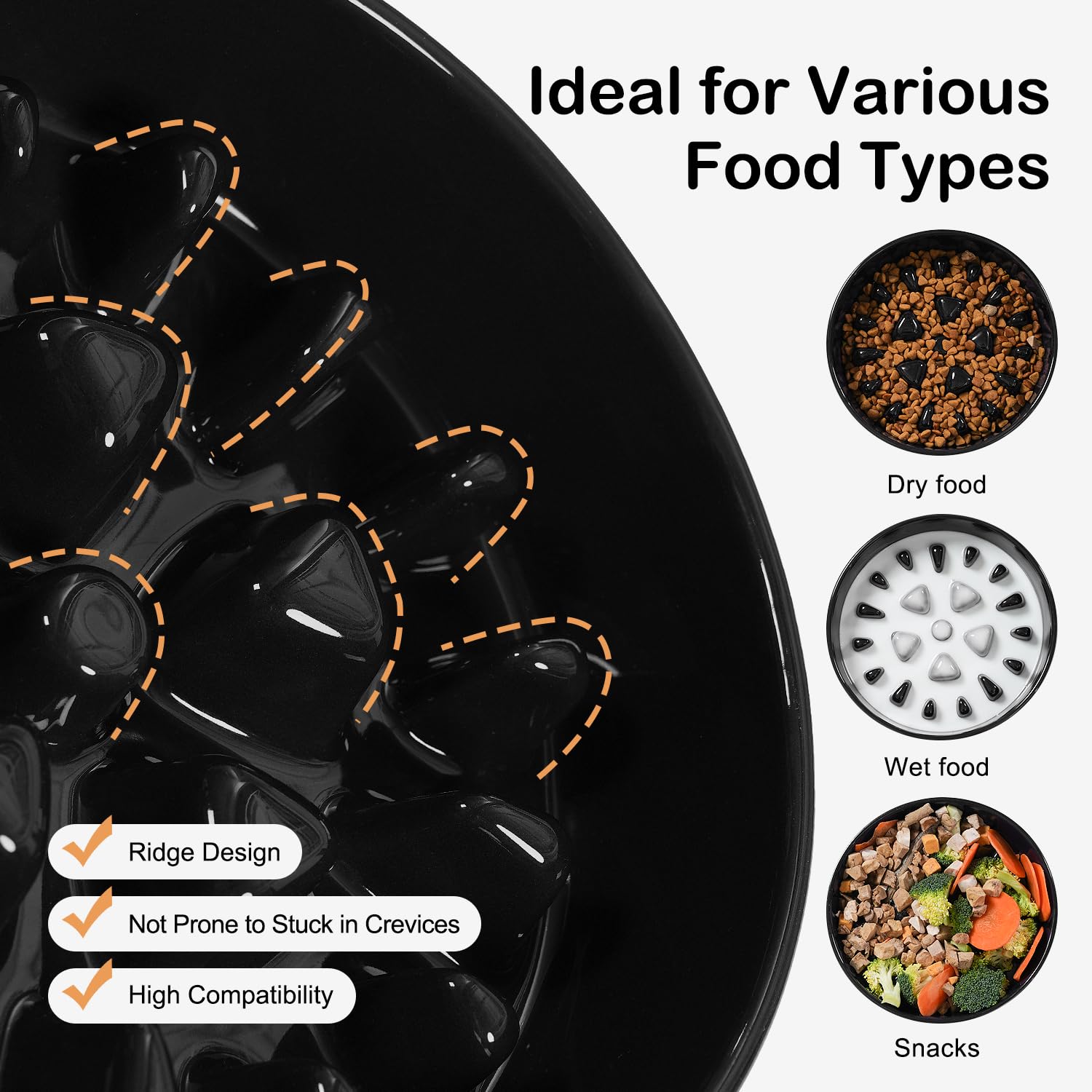 Sted ceramic slow feeder bowl enables quiet meals on a stable surface.