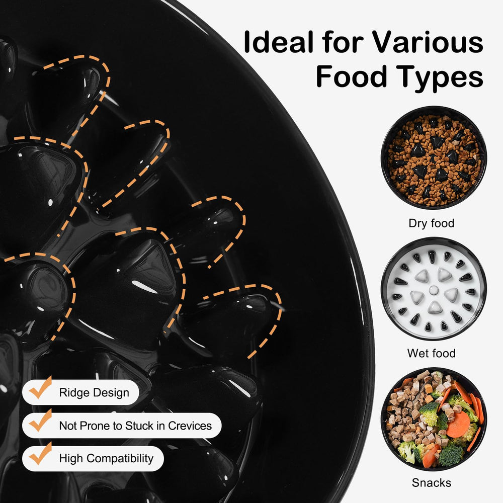 Sted ceramic slow feeder bowl enables quiet meals on a stable surface.