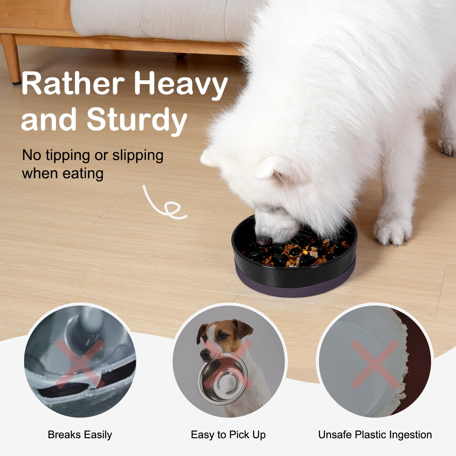 Sted ceramic slow feeder bowl with silicone base provides stable, quiet meals.