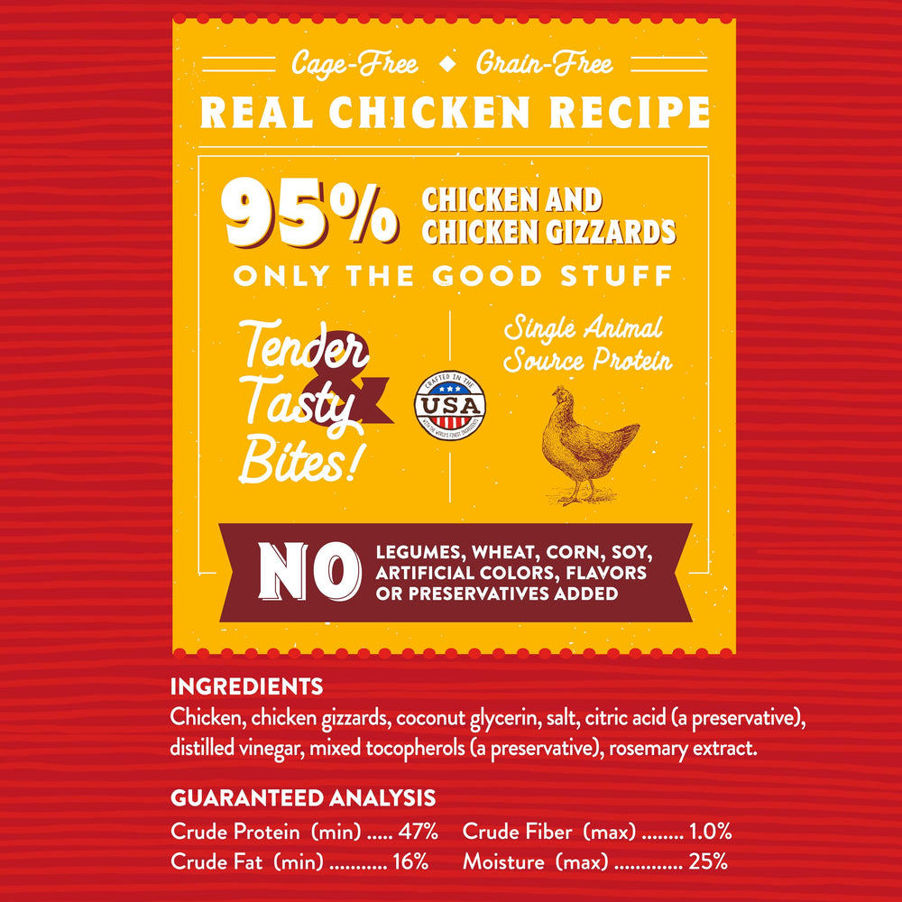 Close-up of Stella & Chewy's 95% real chicken bites, high-protein appeal