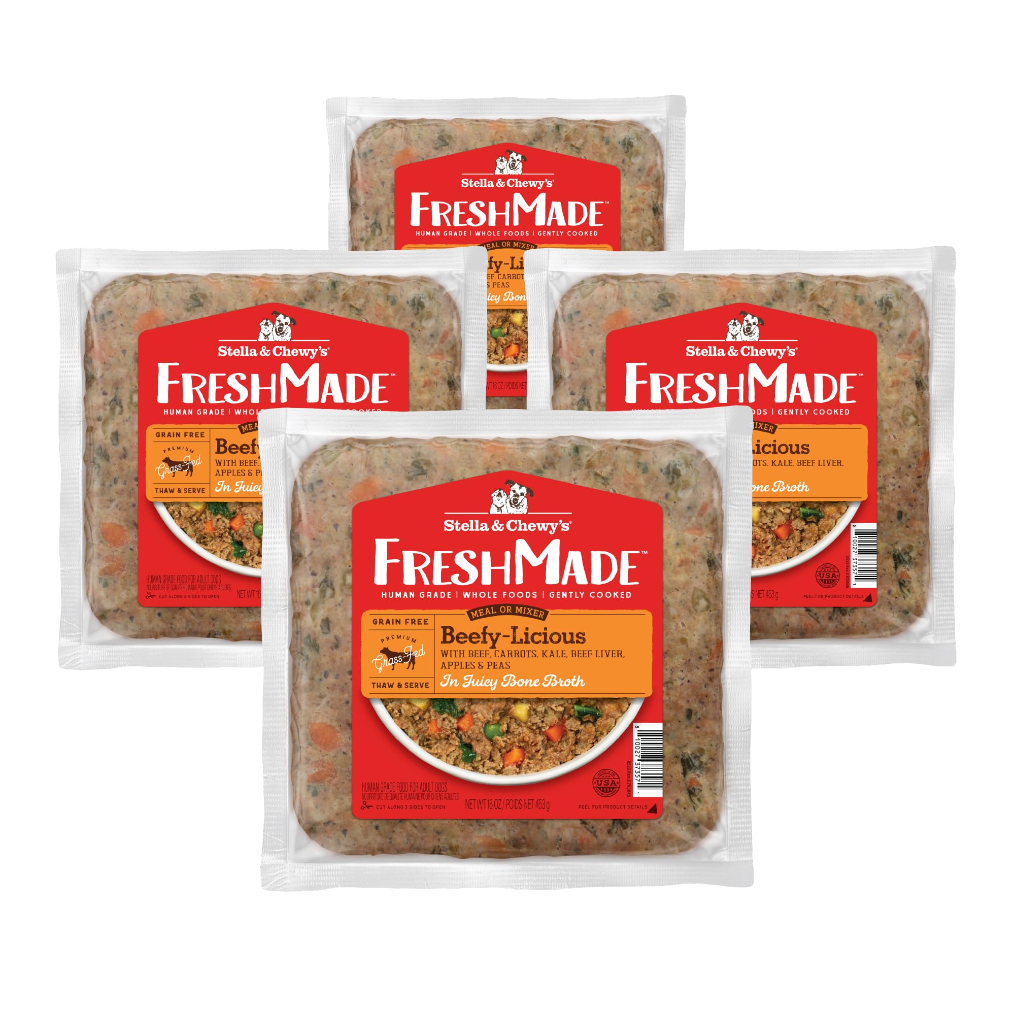 Stella & Chewy's Beefy-Licious pouch front showing grain-free beef meal