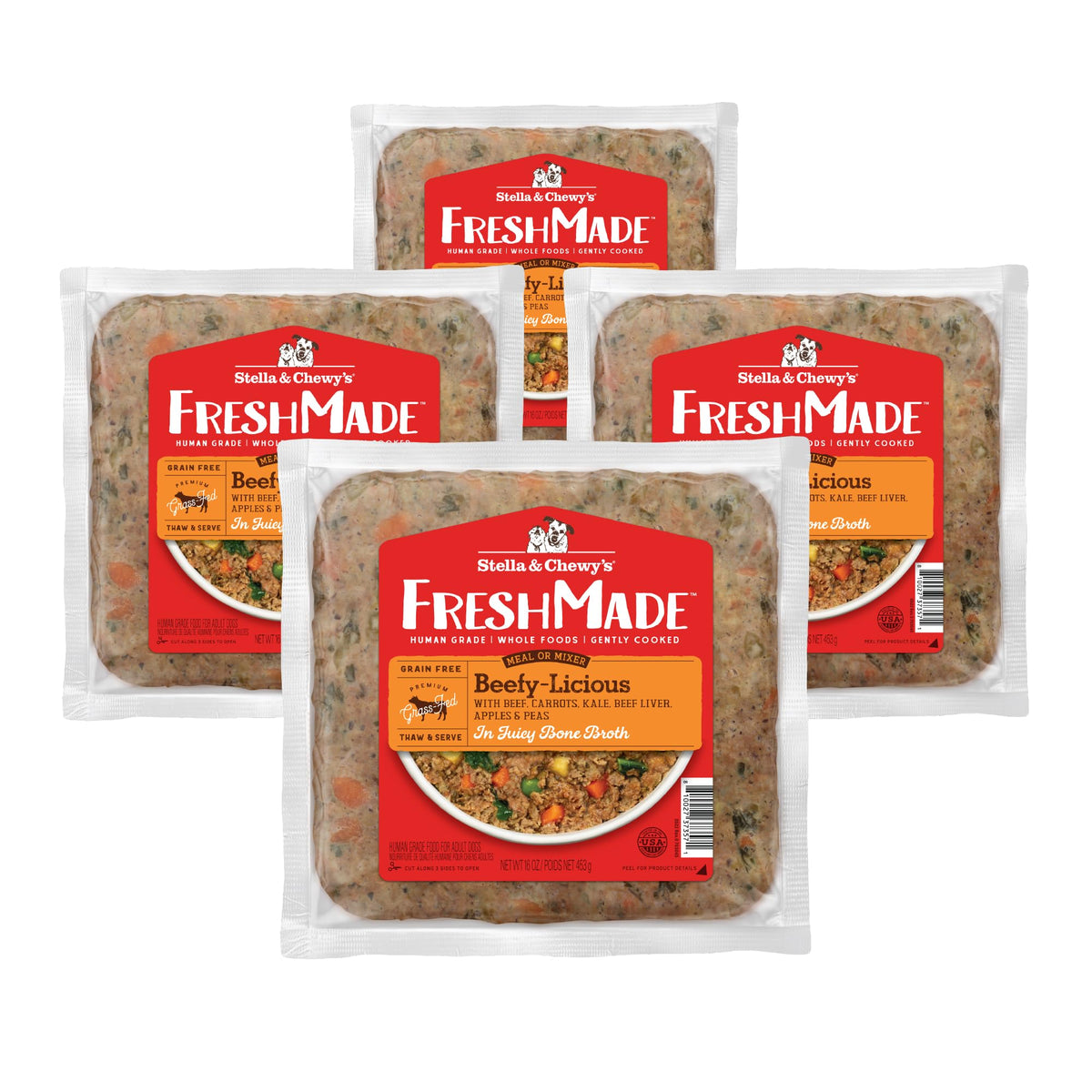 Stella & Chewy's Beefy-Licious pouch front showing grain-free beef meal