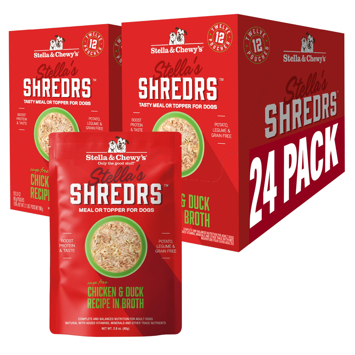 Stella & Chewy's Cage-Free Shredrs pouch packaging with easy, 2.8oz portions.
