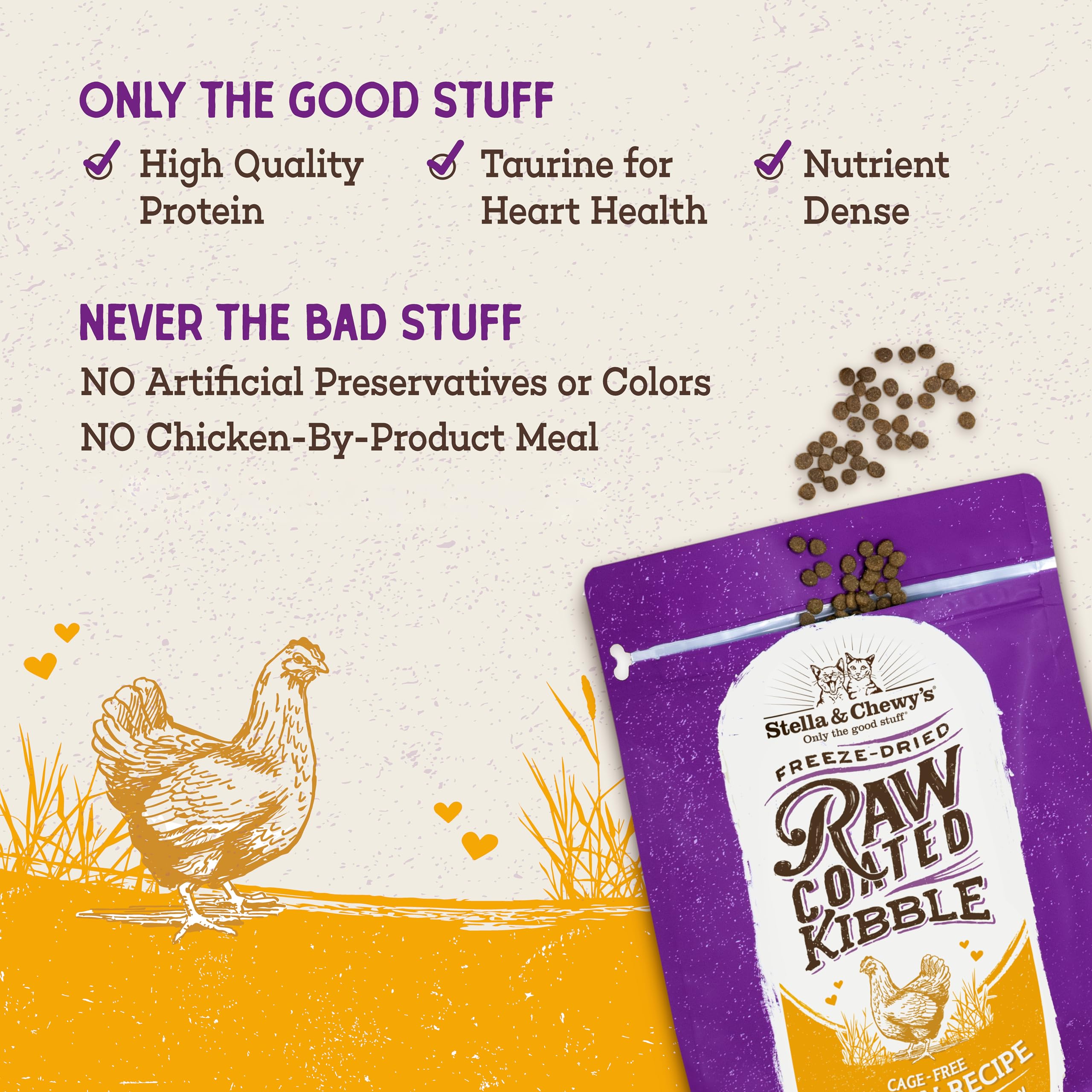 Stella & Chewy's cage-free chicken ingredient highlight in the kibble.