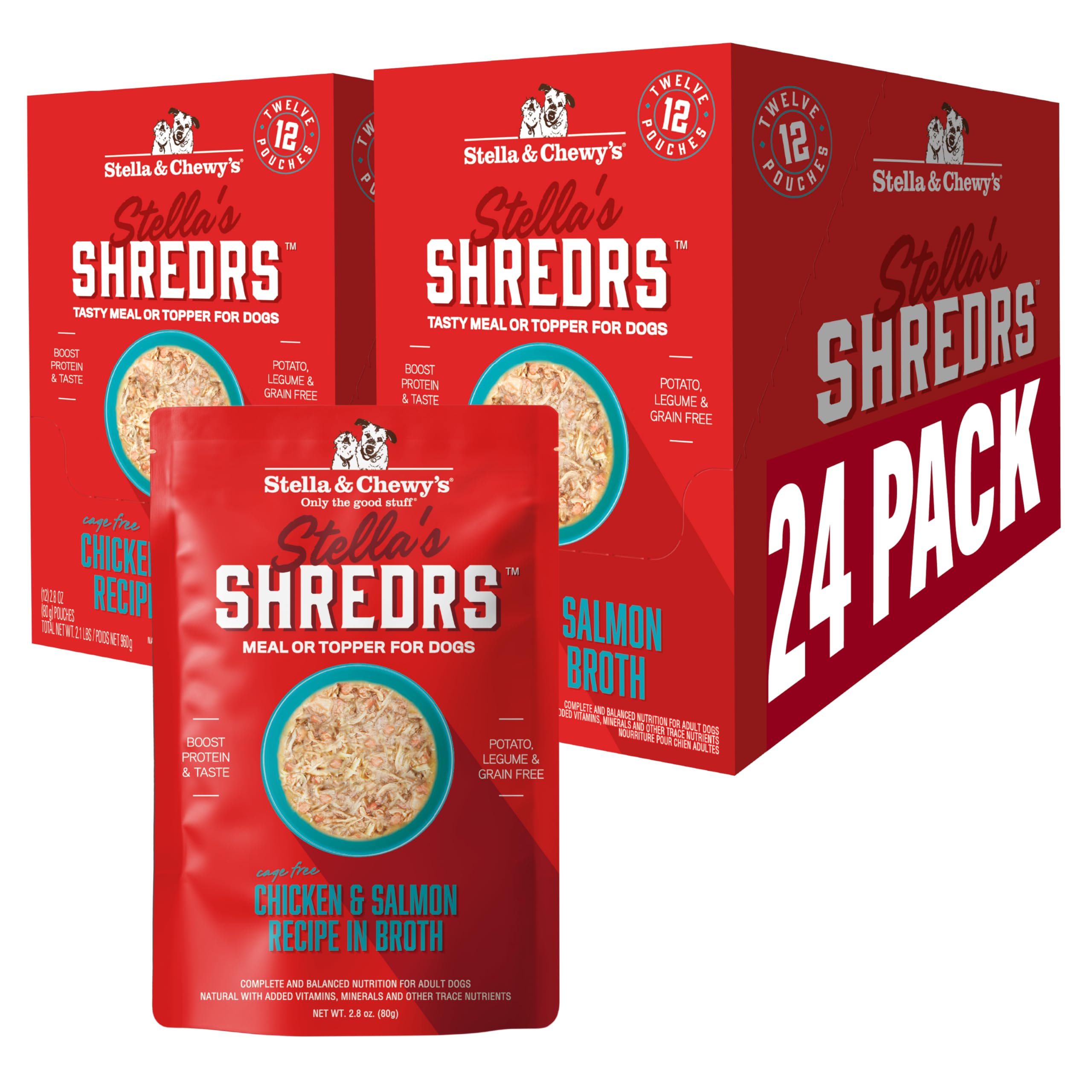 Stella & Chewy's Shredrs pouch with cage-free chicken and salmon for flavorful meals