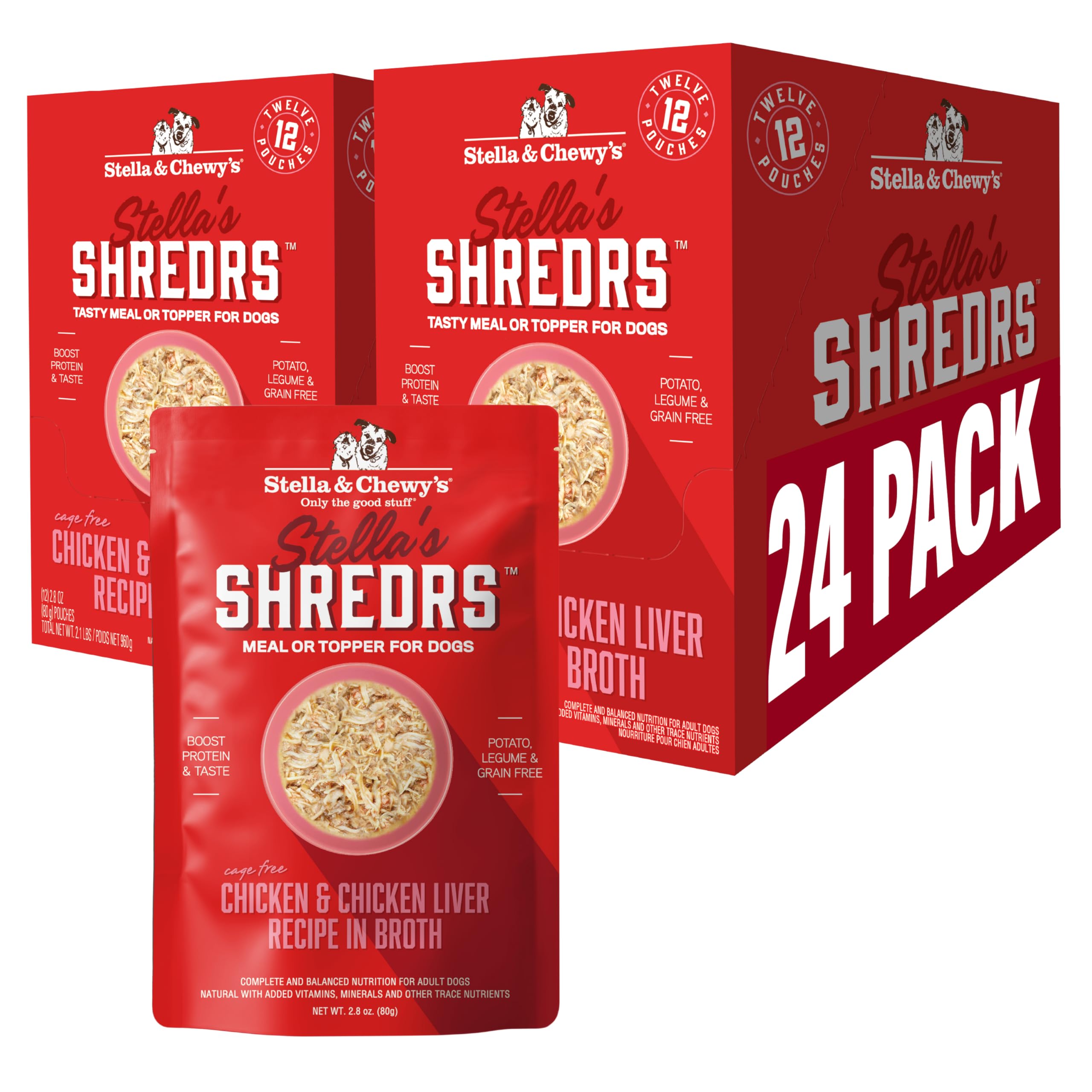 Stella & Chewy's cage-free chicken Shredrs pack, convenient pouch for quick meals.