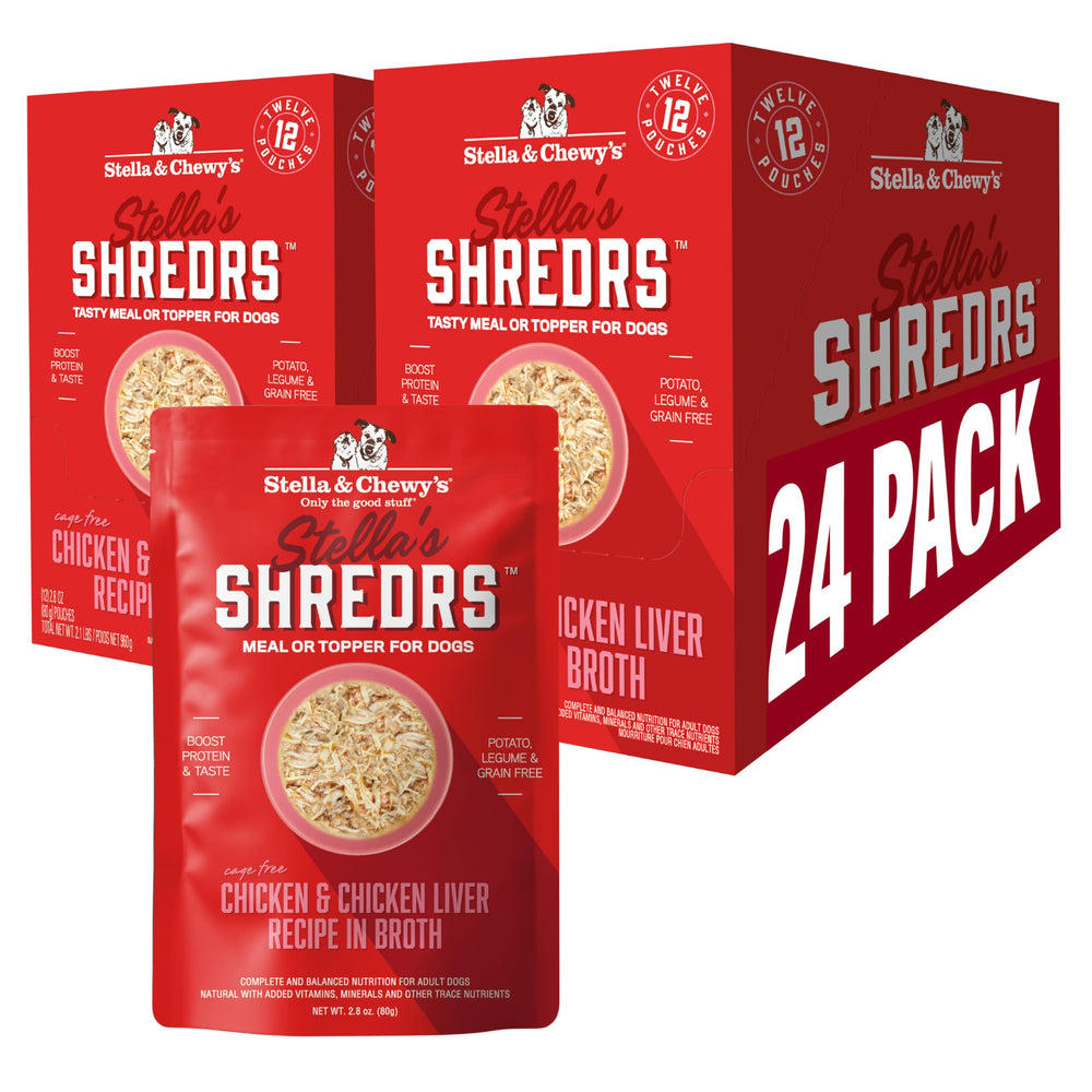 Stella & Chewy's cage-free chicken Shredrs pack, convenient pouch for quick meals.