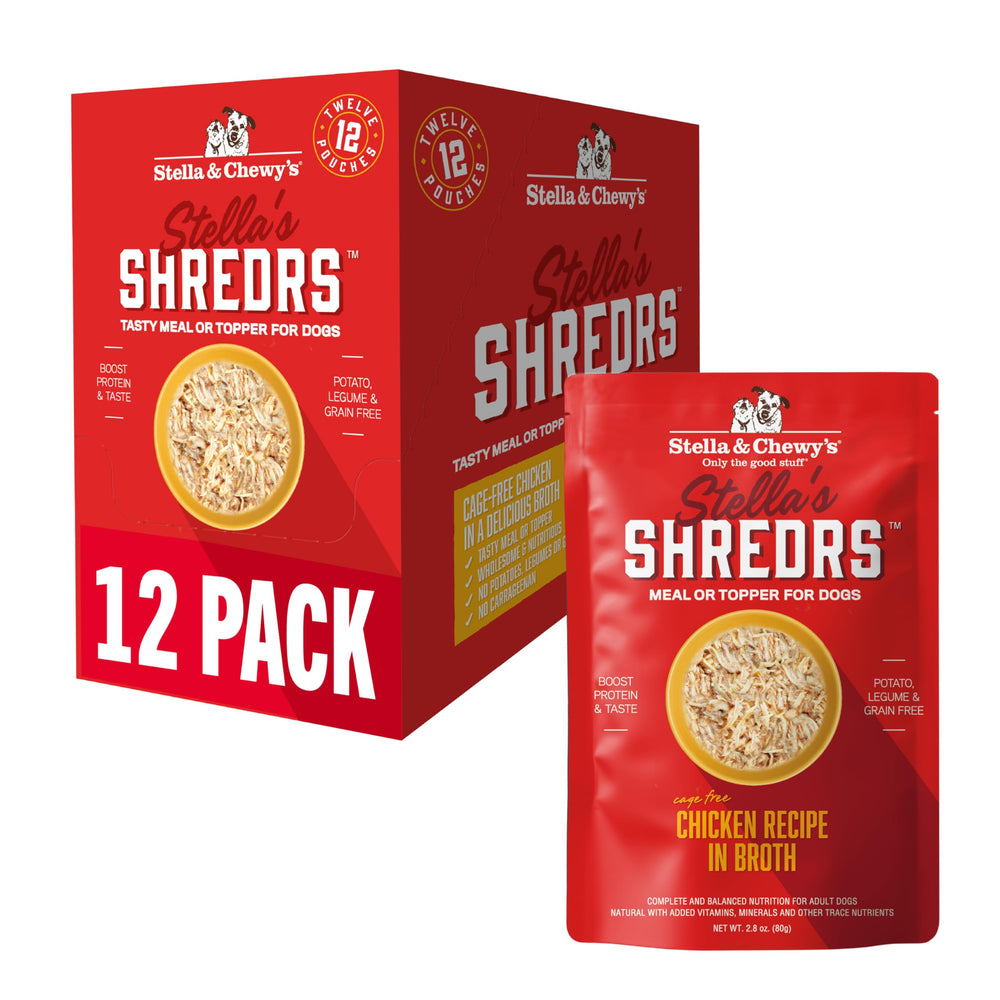 Stella & Chewy's cage-free chicken shredrs pouch tempts picky eaters with real chicken in broth.