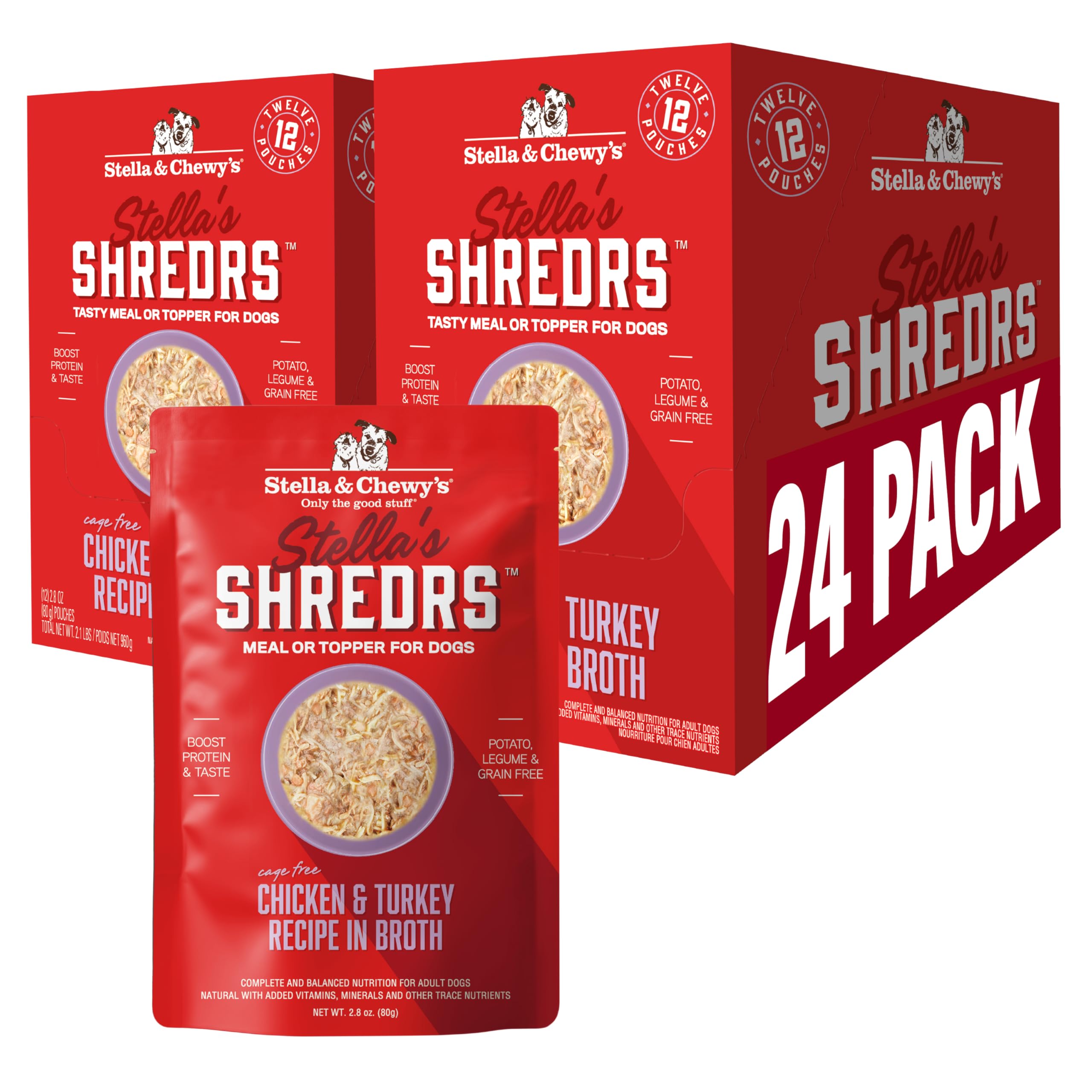 Stella & Chewy's Cage-Free Shredrs pouch closeup with shredded meat in broth