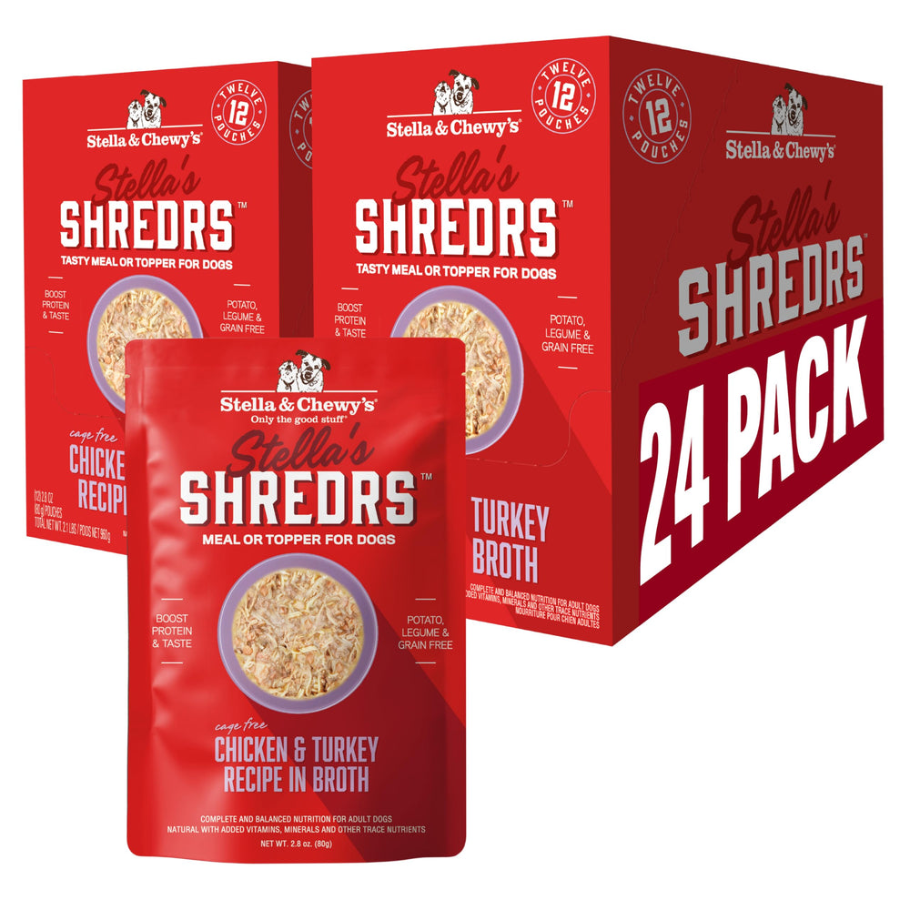 Stella & Chewy's Cage-Free Shredrs pouch closeup with shredded meat in broth