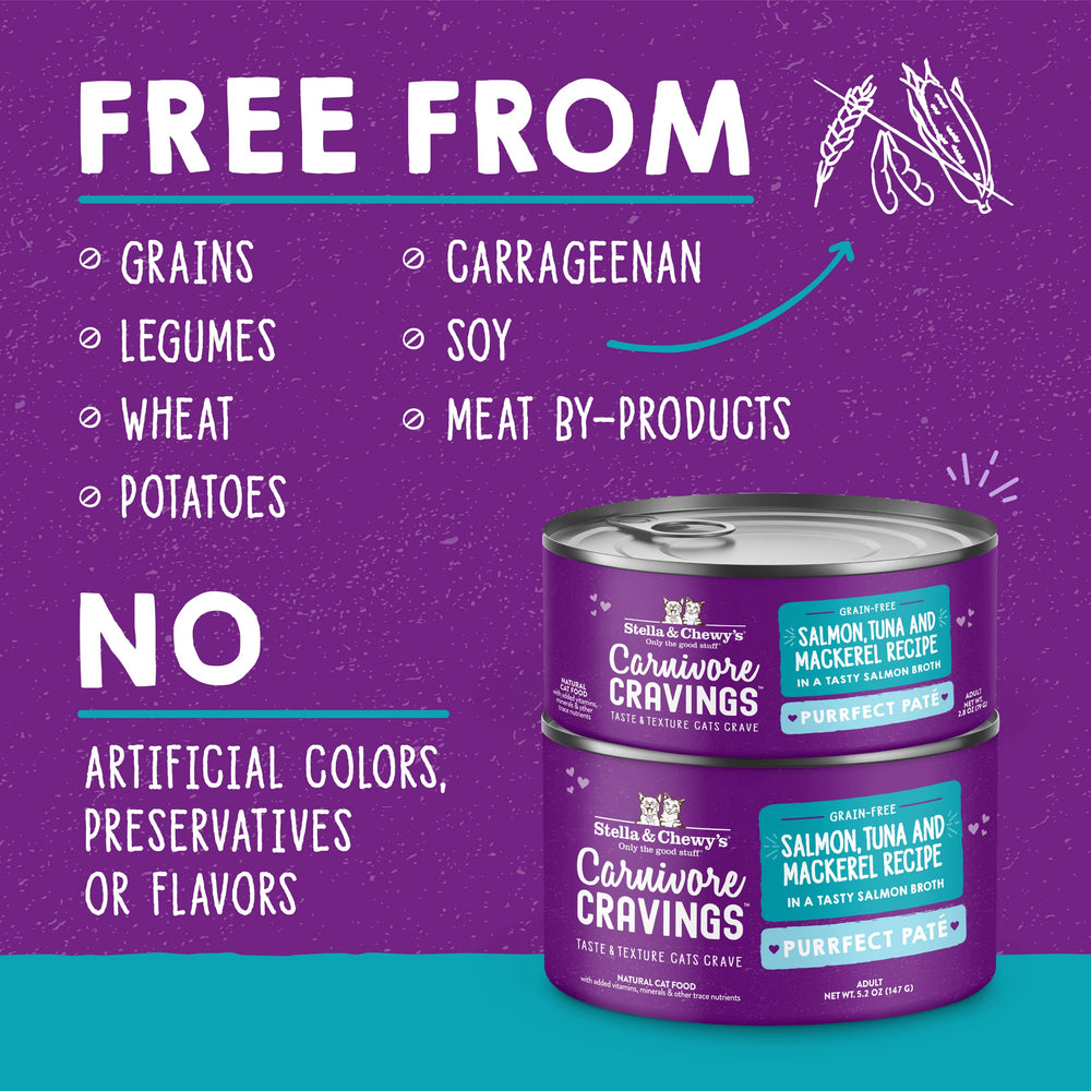 Stella & Chewy's Carnivore Cravings Purrfect Paté with mackerel supports protein-focused cravings.