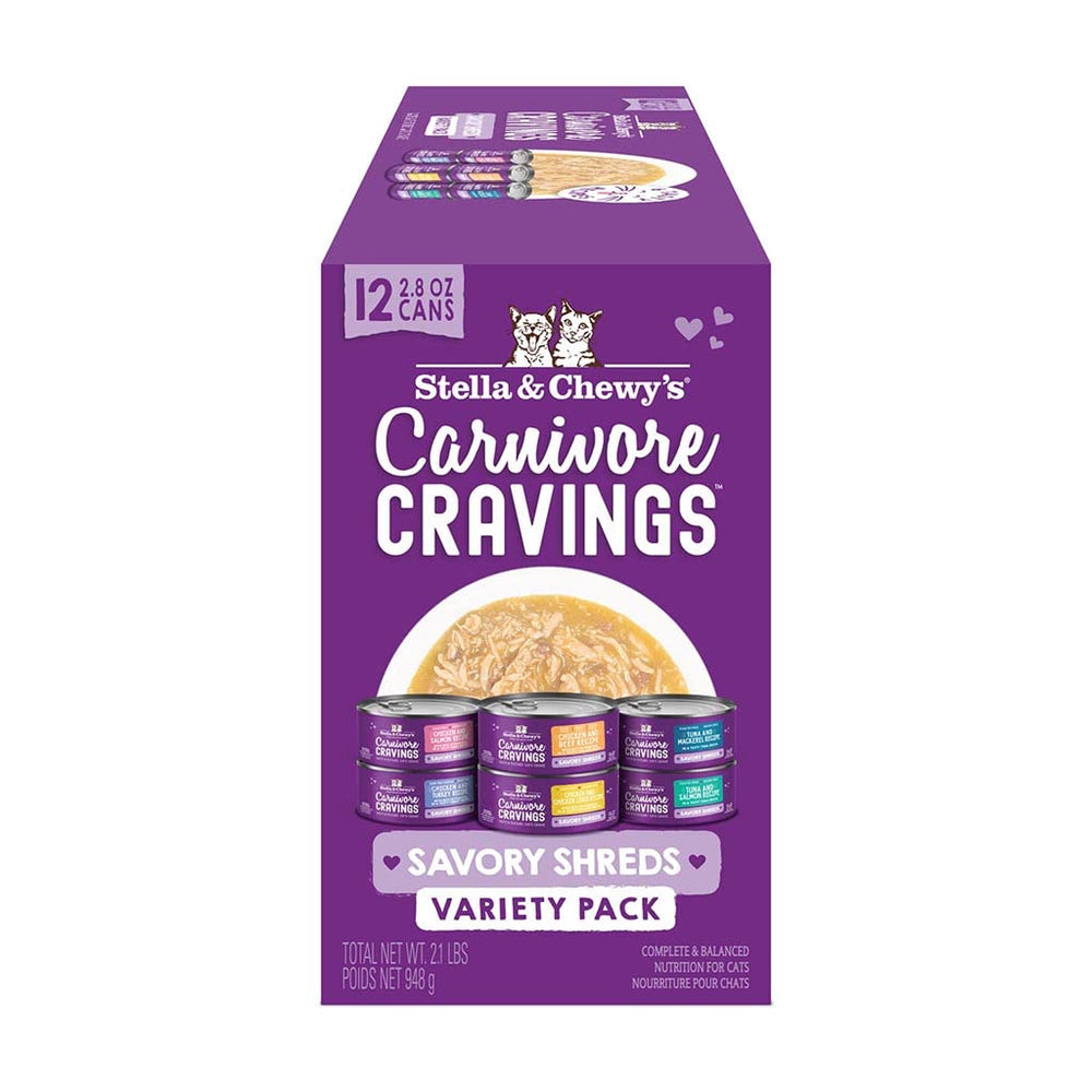 Stella & Chewy's Carnivore Cravings Savory Shreds can in broth entices picky cats.