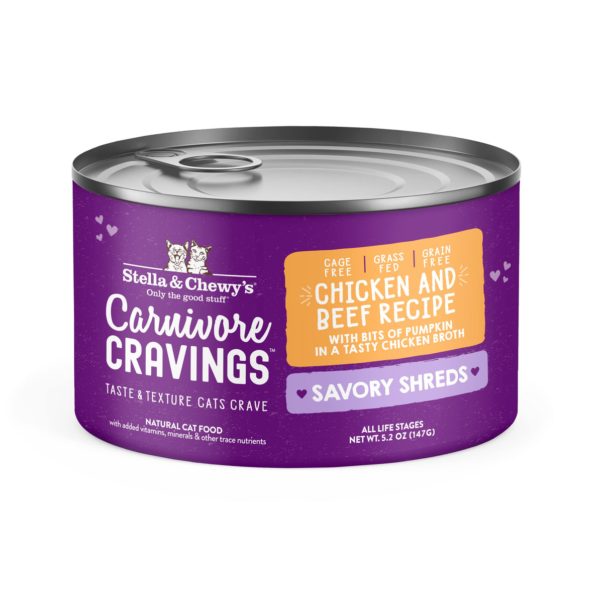 Stella & Chewy's Carnivore Cravings savory shreds cans show premium chicken and beef in broth for hydration.