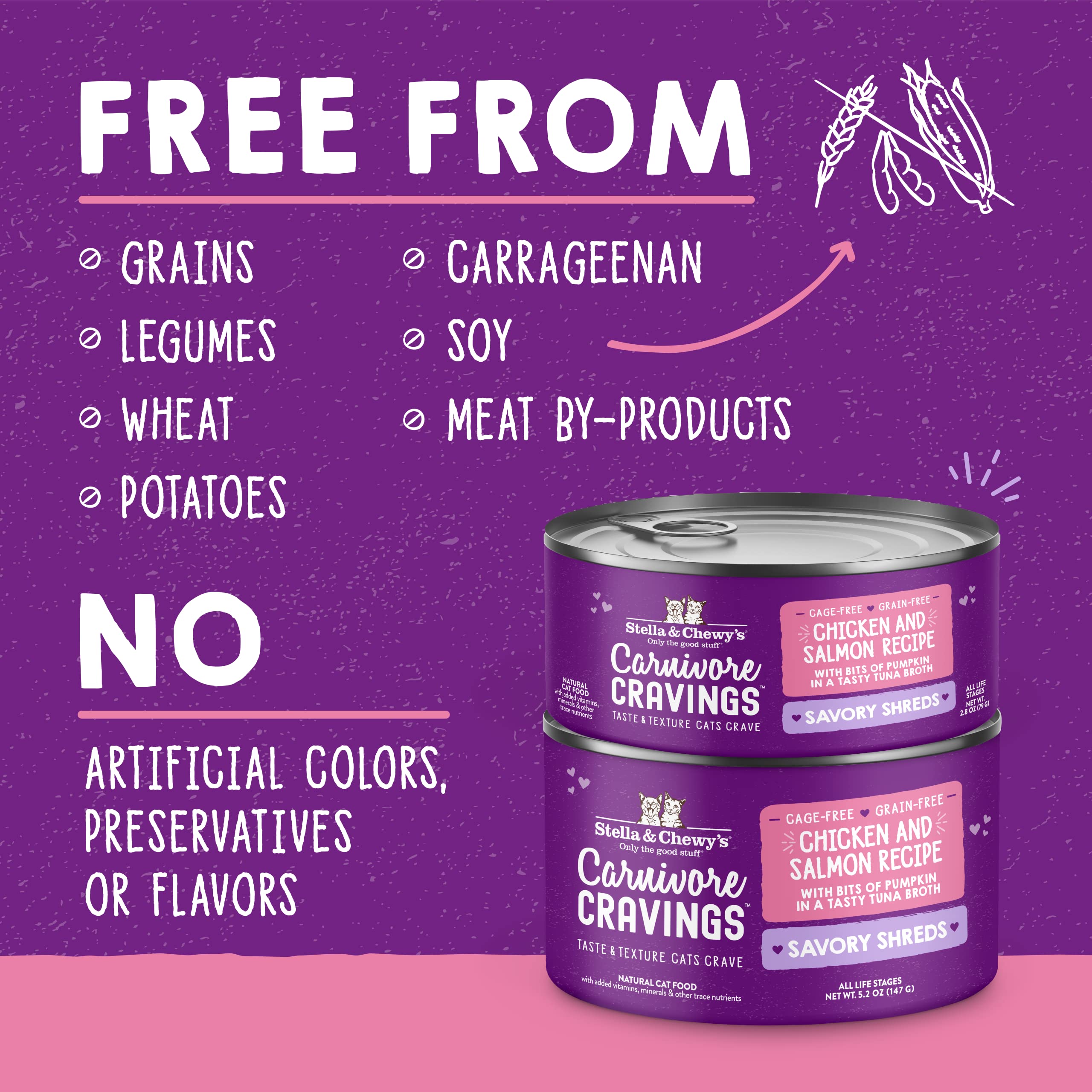 Stella & Chewy's Carnivore Cravings Savory Shreds ingredient panel shows cage-free chicken and wild-caught salmon.
