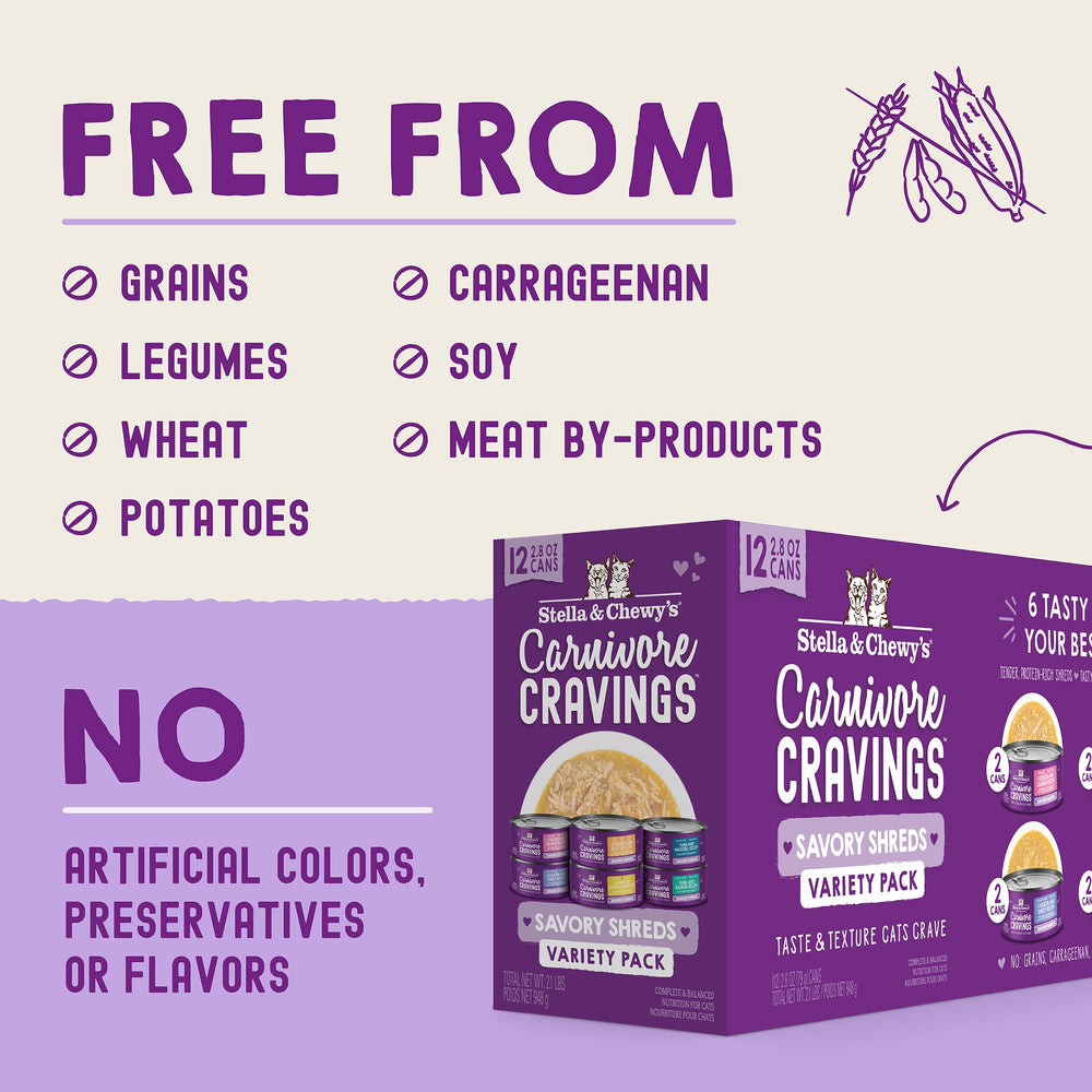 Stella & Chewy's Carnivore Cravings Savory Shreds provide convenient portions for daily meals.