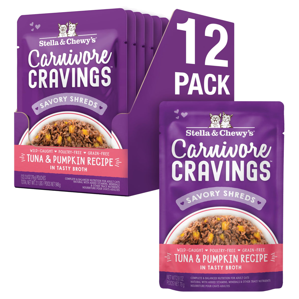 Stella & Chewy's Carnivore Cravings tuna pumpkin pouch with real meat in broth for picky eaters.