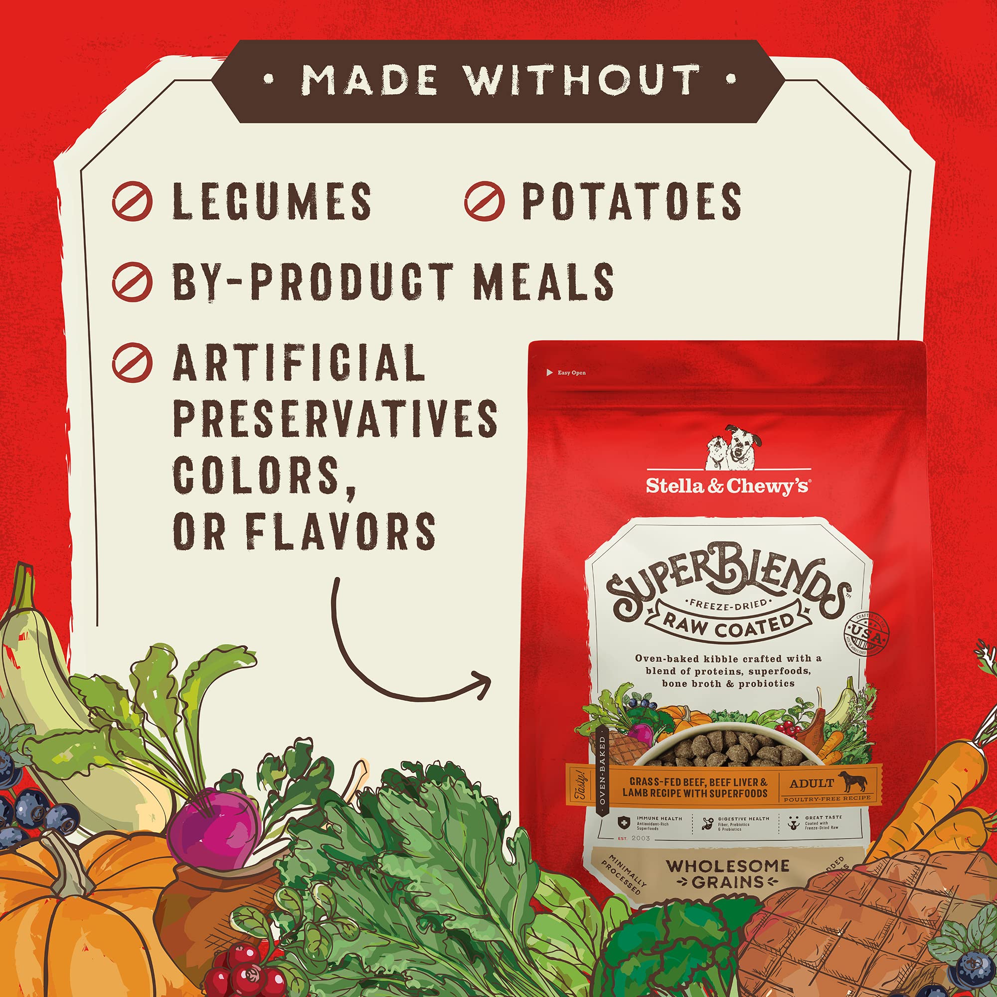 Stella & Chewy's SuperBlends kibble close-up shows texture and coating.