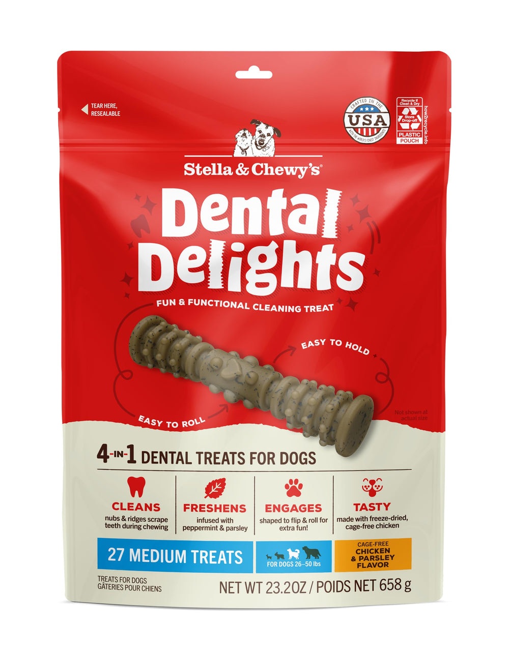 Stella & Chewy's Dental Delights bag close-up for easy dispensing and premium ingredients.