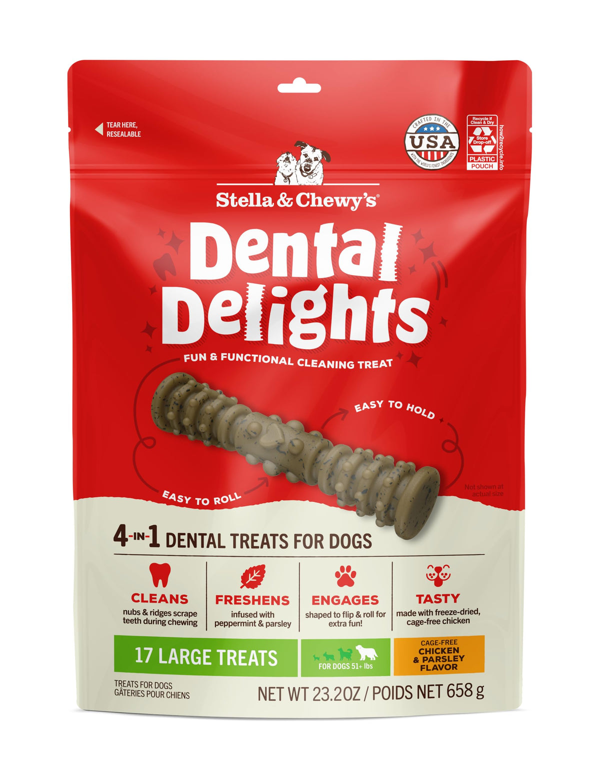 Stella & Chewy's Dental Delights front bag image showing freeze-dried chicken treats for dental care