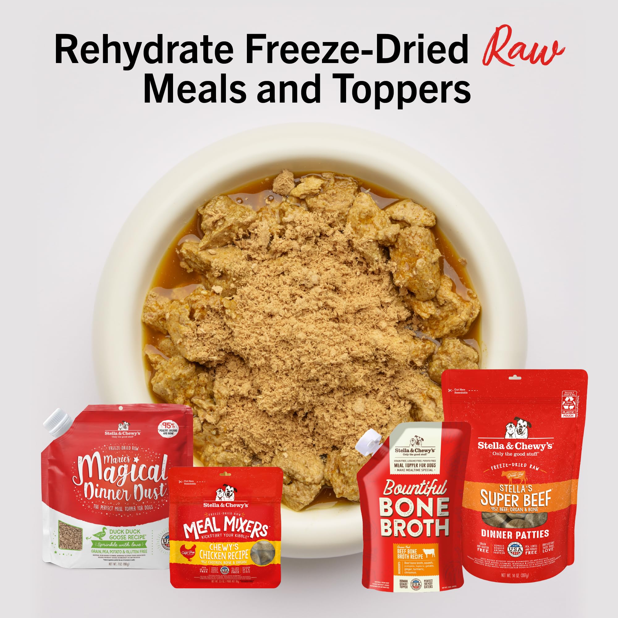 Stella & Chewy's broth shown with a dog enjoying enhanced hydration.